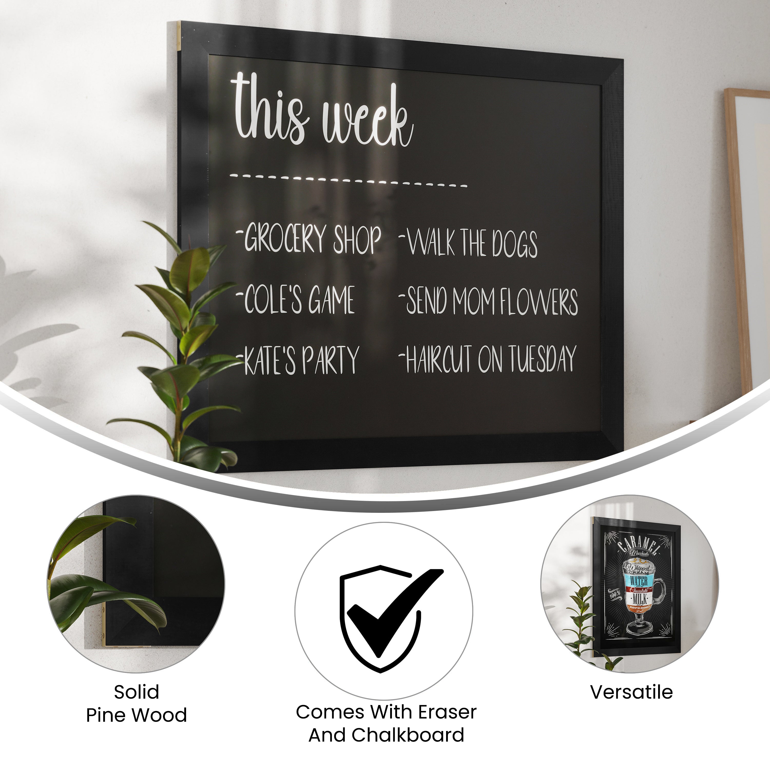 Canterbury 32" x 46" Black Wood Wall Mount Magnetic Chalkboard Sign, Hanging Wall Chalkboard Memo Board for Home, School, or Business