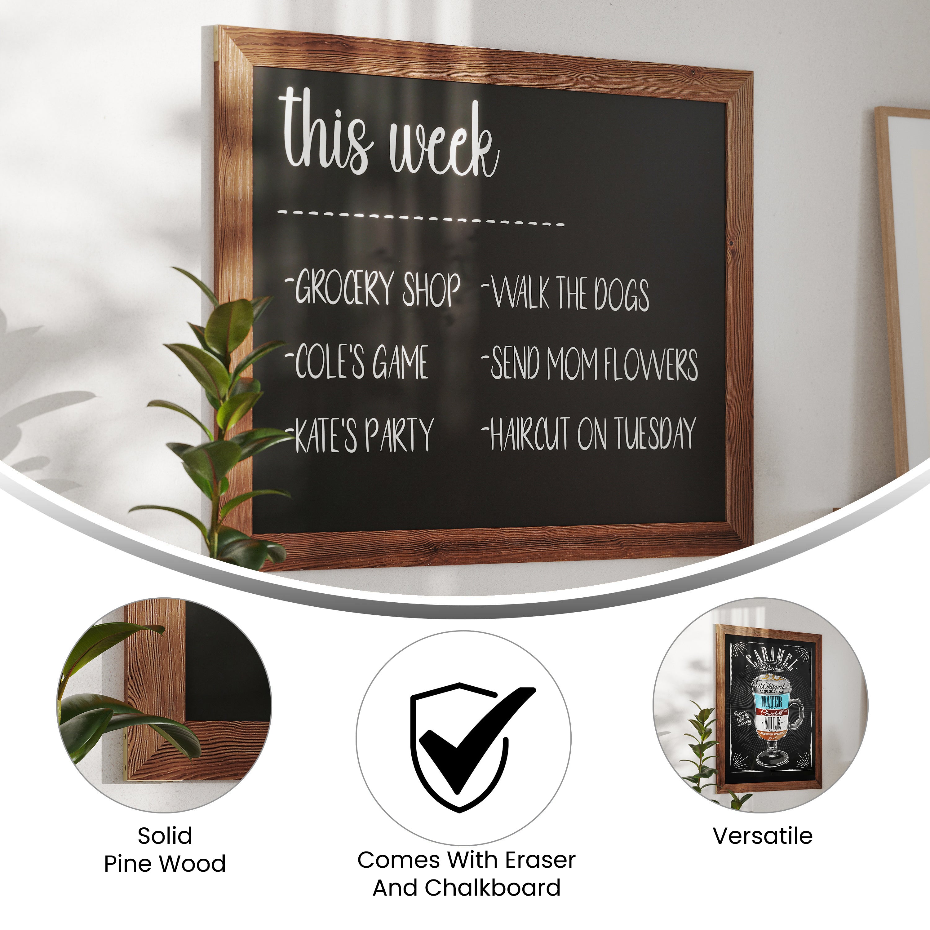 Canterbury 32" x 46" Torched Brown Wood Wall Mount Magnetic Chalkboard Sign, Hanging Wall Chalkboard Memo Board for Home, School, or Business