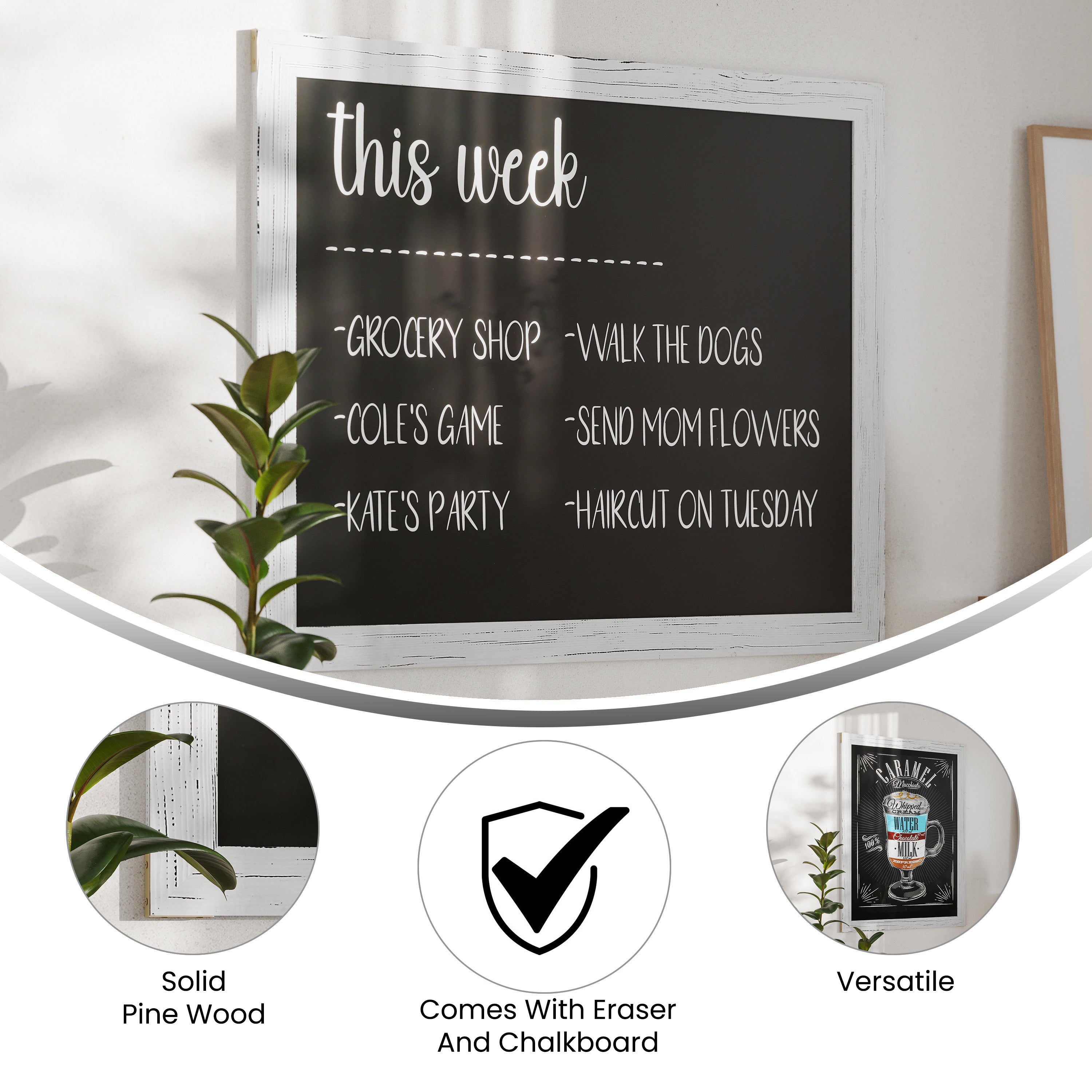 Canterbury 32" x 46" Whitewash Wood Wall Mount Magnetic Chalkboard Sign, Hanging Wall Chalkboard Memo Board for Home, School, or Business