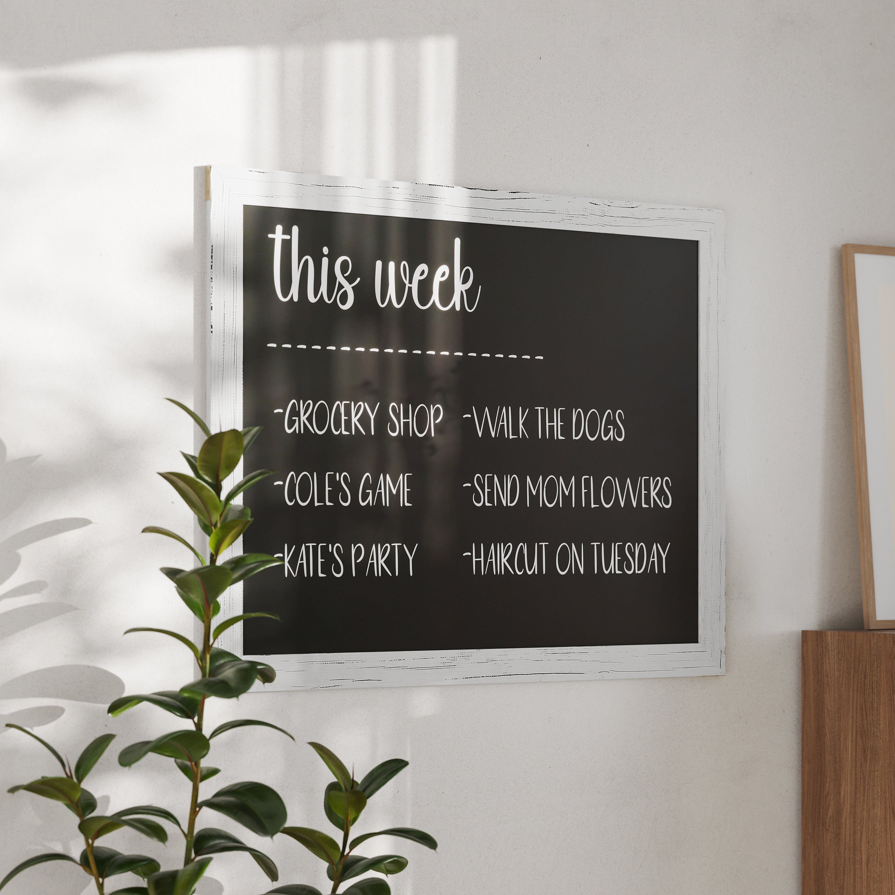 Canterbury 32" x 46" Whitewash Wood Wall Mount Magnetic Chalkboard Sign, Hanging Wall Chalkboard Memo Board for Home, School, or Business