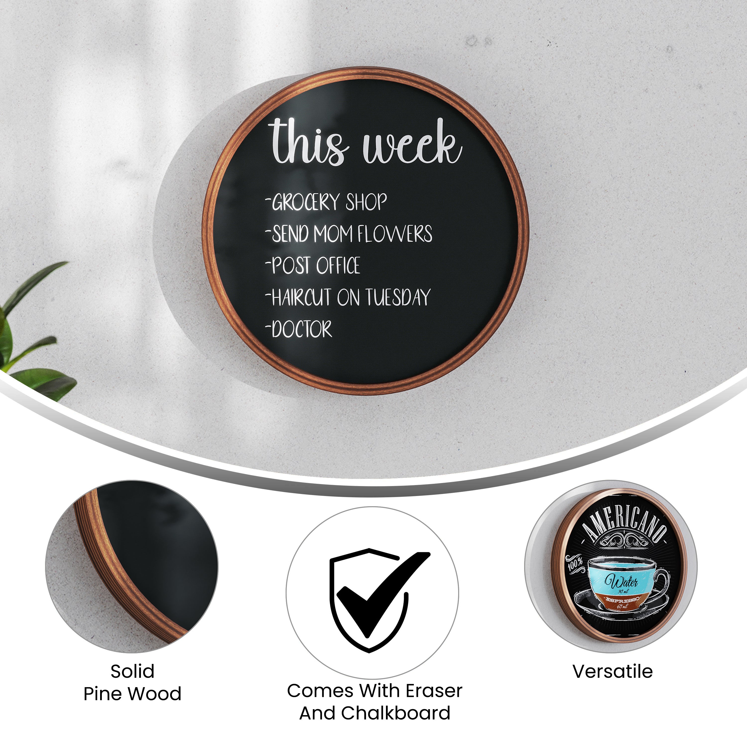 Canterbury 12" Round Wall Mounted Magnetic Chalkboards for Home or Business with Eraser and Chalk in Rustic Pine Wood Frames, Set of 2