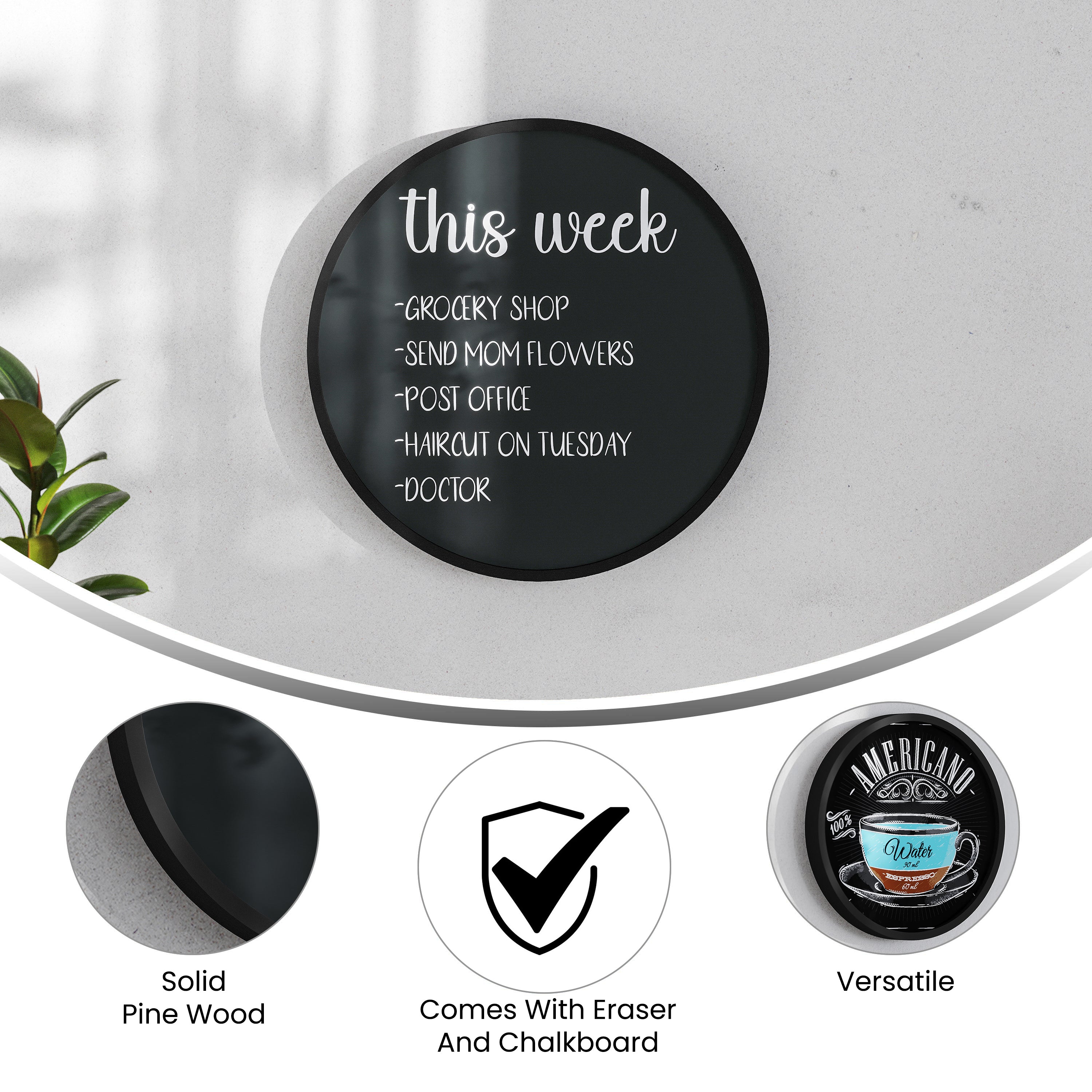 Canterbury 18" Round Wall Mounted Magnetic Chalkboard for Home or Business with Eraser and Chalk in Black Pine Wood Frame