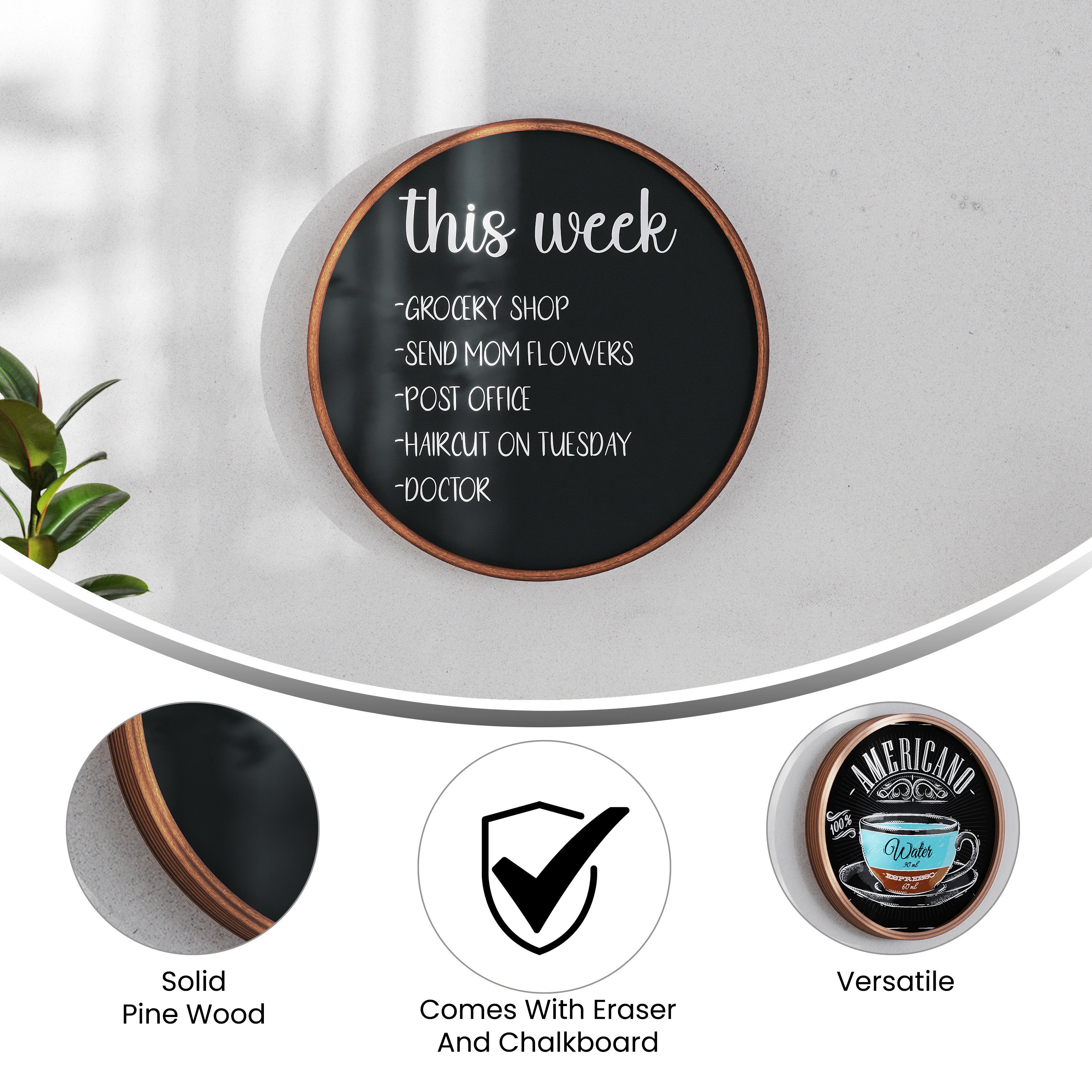 Canterbury 18" Round Wall Mounted Magnetic Chalkboard for Home or Business with Eraser and Chalk in Rustic Pine Wood Frame