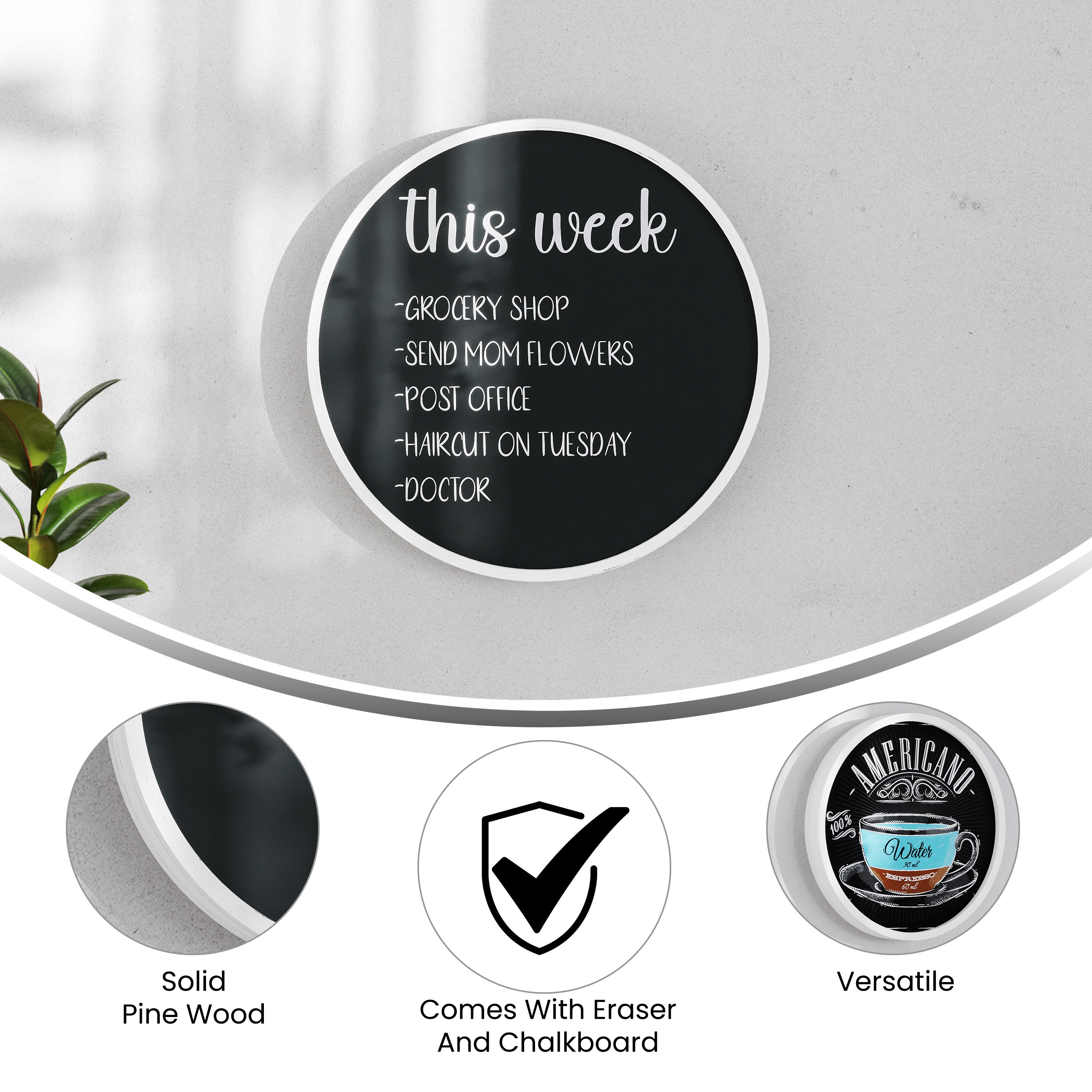 Canterbury 18" Round Wall Mounted Magnetic Chalkboard for Home or Business with Eraser and Chalk in Whitewash Pine Wood Frame