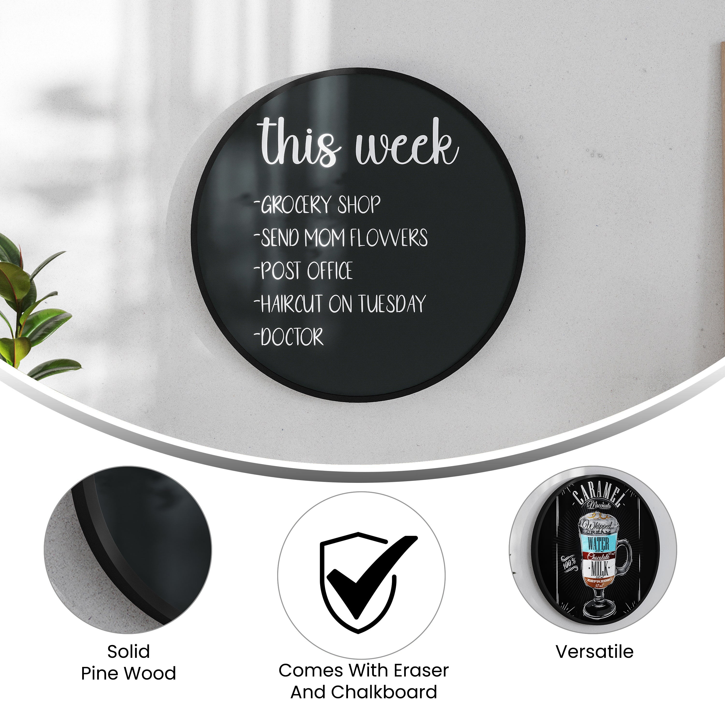 Canterbury 24" Round Wall Mounted Magnetic Chalkboard for Home or Business with Eraser and Chalk in Black Pine Wood Frame