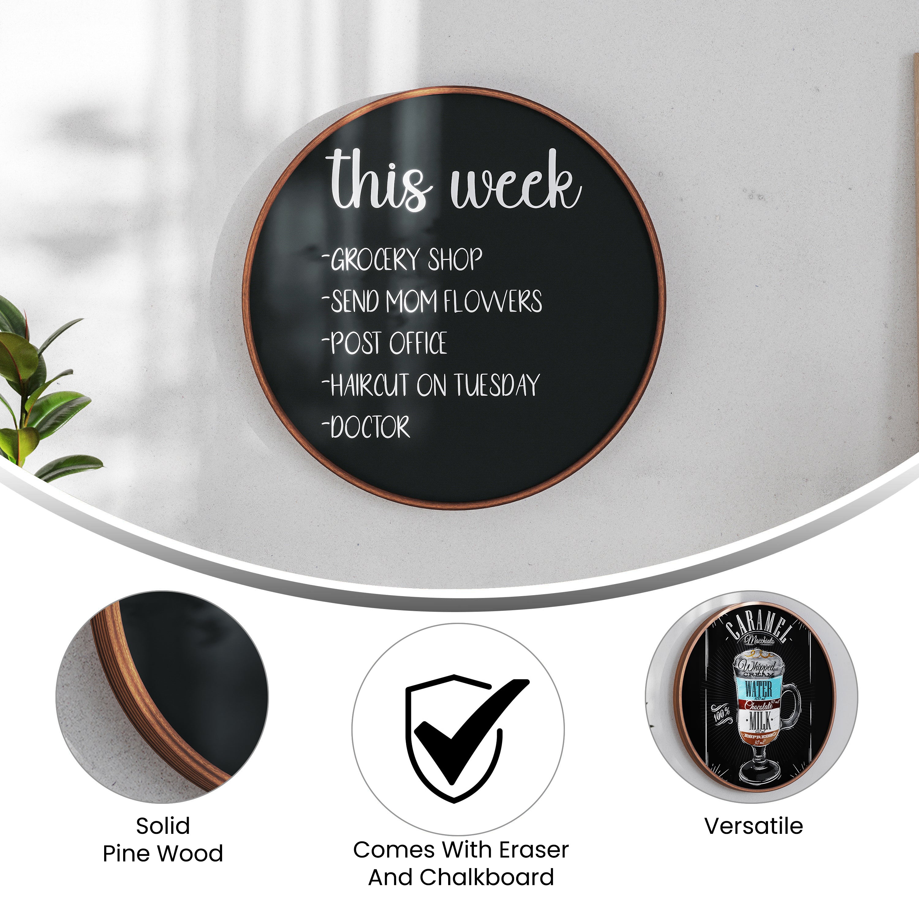 Canterbury 24" Round Wall Mounted Magnetic Chalkboard for Home or Business with Eraser and Chalk in Rustic Pine Wood Frame