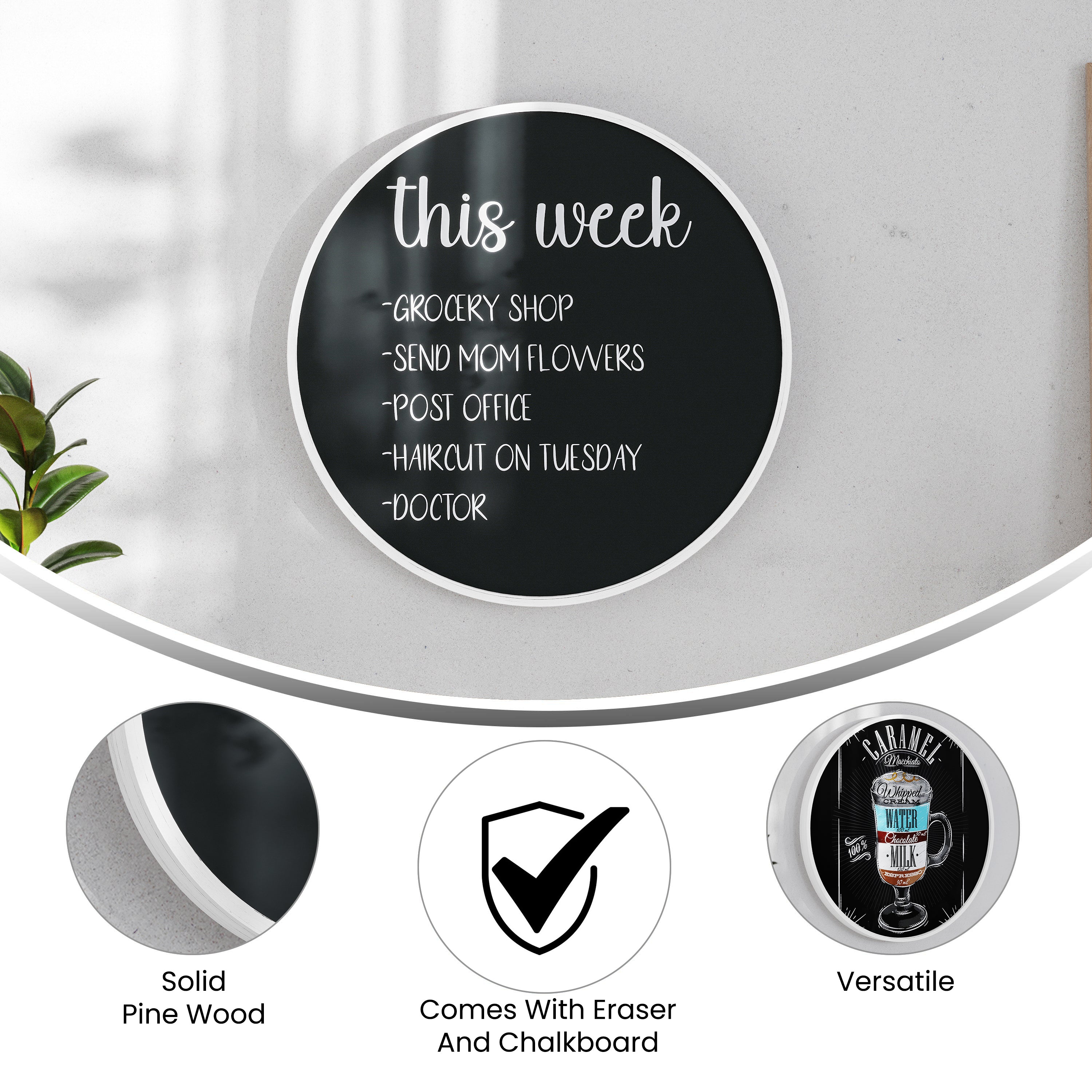 Canterbury 24" Round Wall Mounted Magnetic Chalkboard for Home or Business with Eraser and Chalk in Whitewash Pine Wood Frame