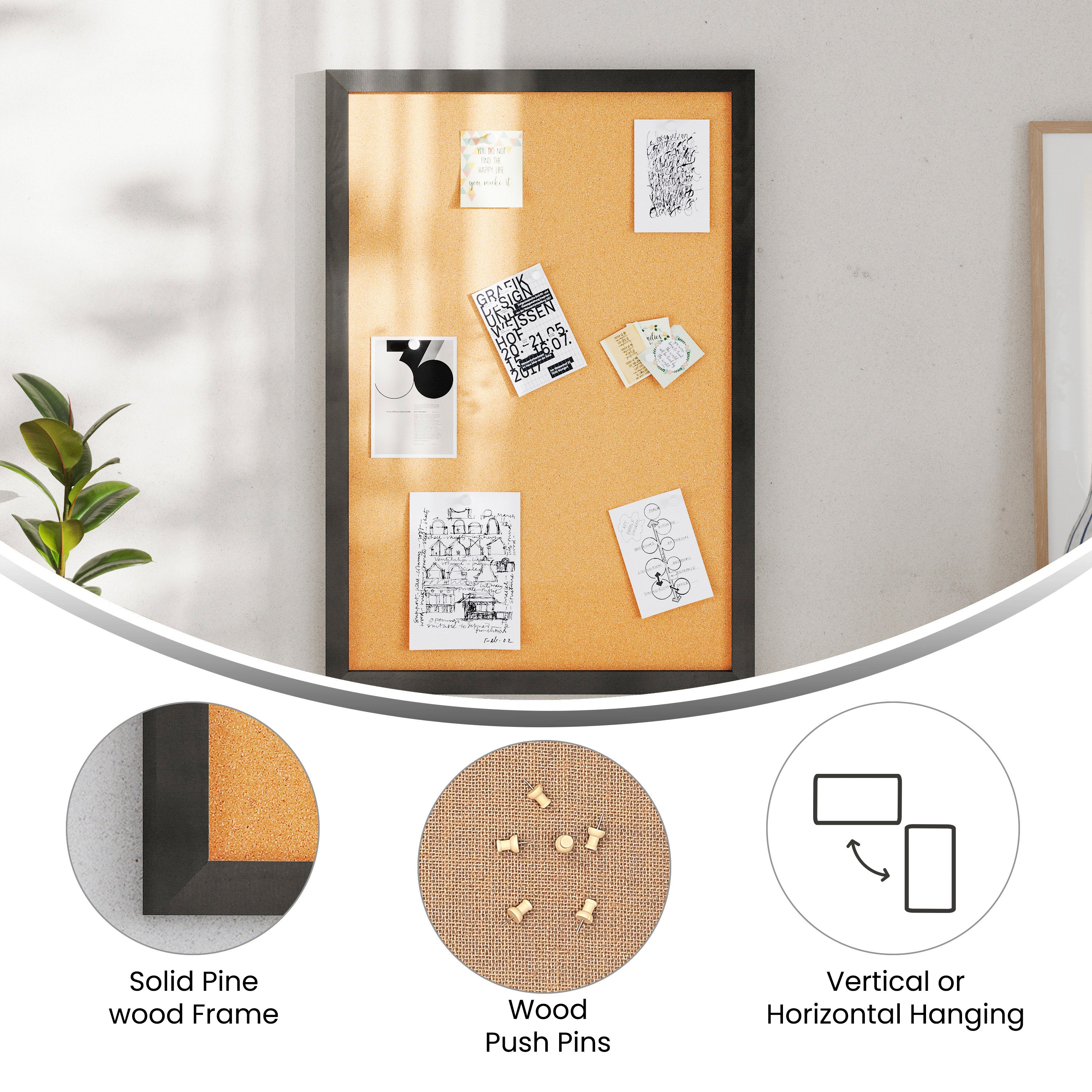 Camden Rustic 20" x 30" Wall Mount Cork Board with Wooden Push Pins for Home, School, or Business in Black