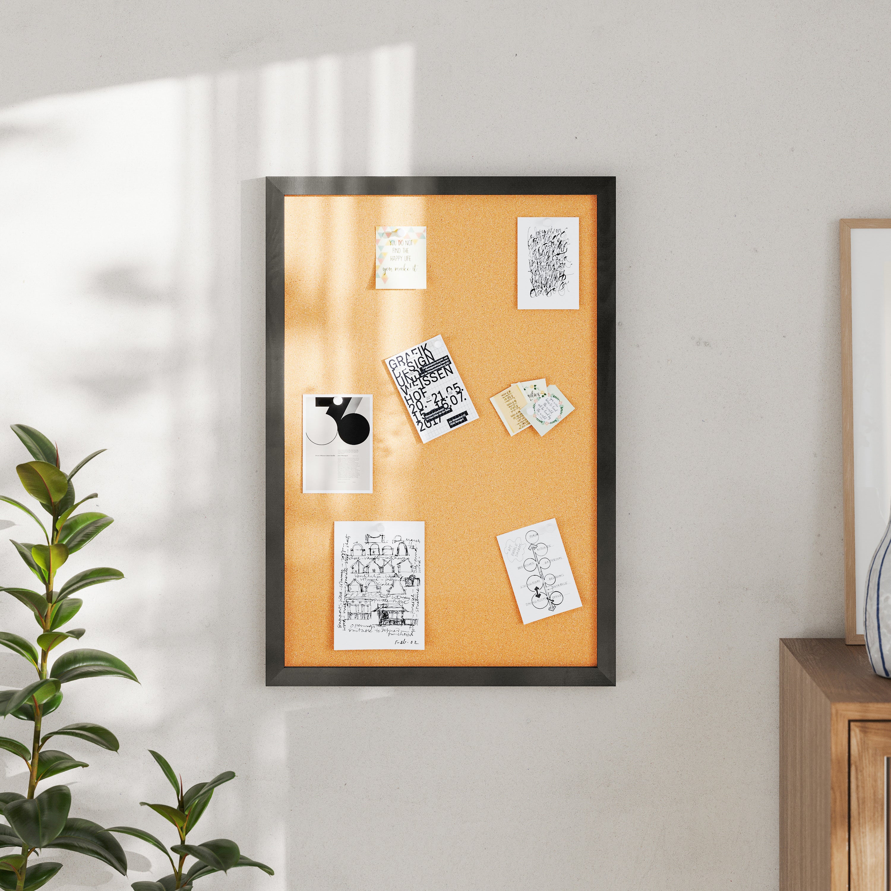 Camden Rustic 20" x 30" Wall Mount Cork Board with Wooden Push Pins for Home, School, or Business in Black