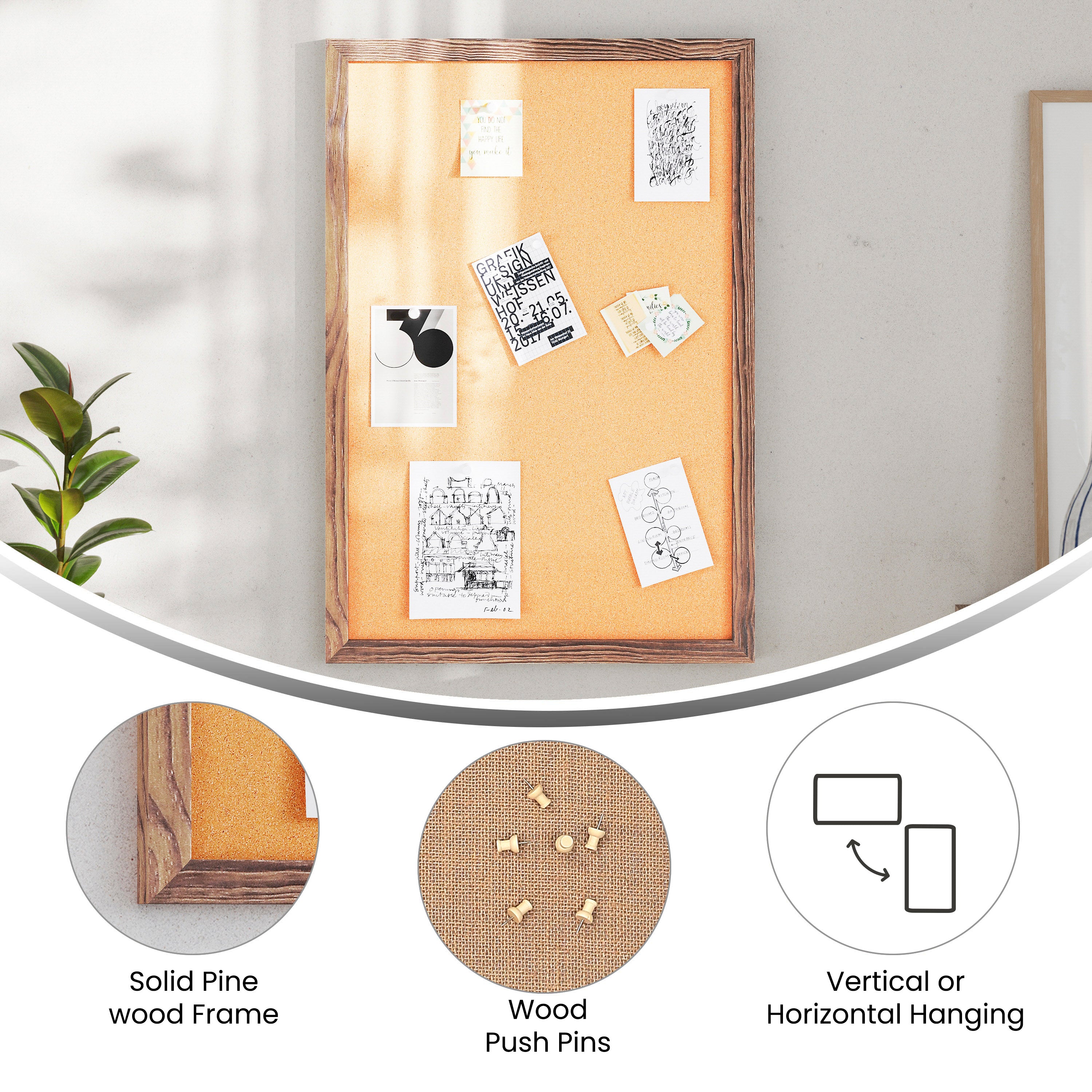 Camden Rustic 20" x 30" Wall Mount Cork Board with Wooden Push Pins for Home, School, or Business in Torched Brown