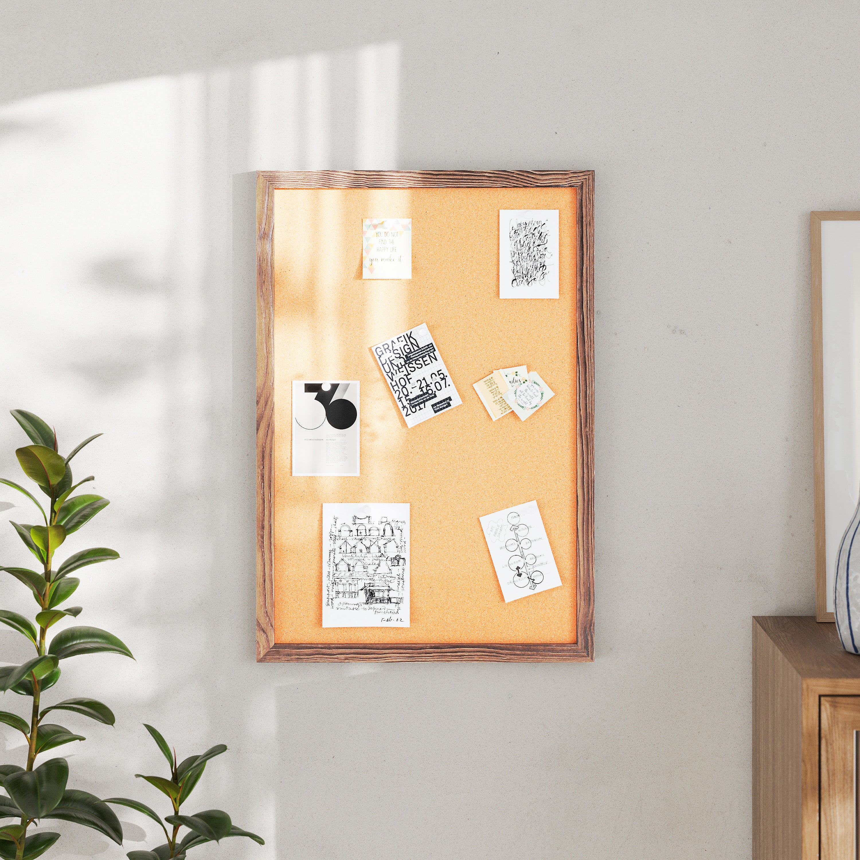 Camden Rustic 20" x 30" Wall Mount Cork Board with Wooden Push Pins for Home, School, or Business in Torched Brown