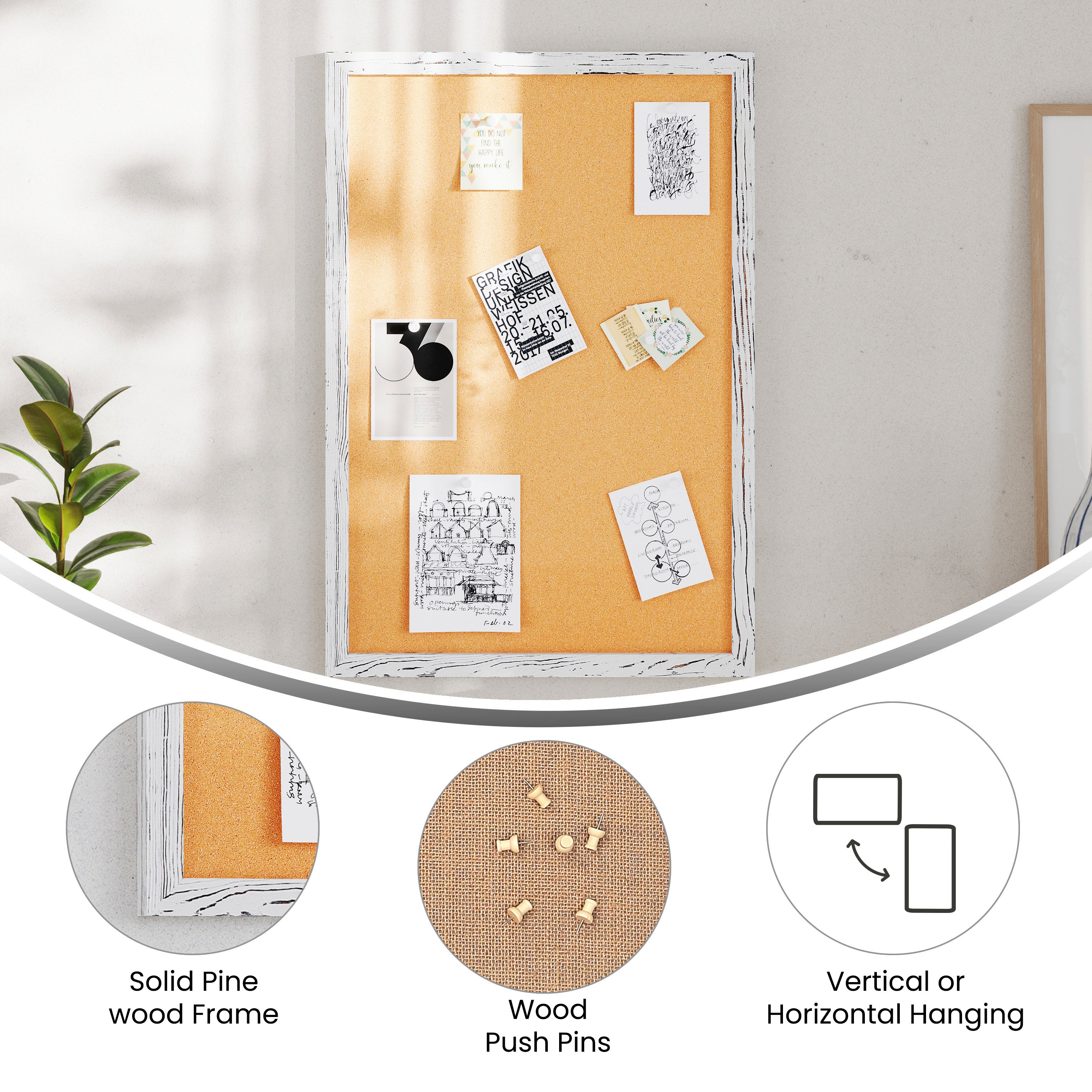 Camden Rustic 20" x 30" Wall Mount Cork Board with Wooden Push Pins for Home, School, or Business in Whitewashed