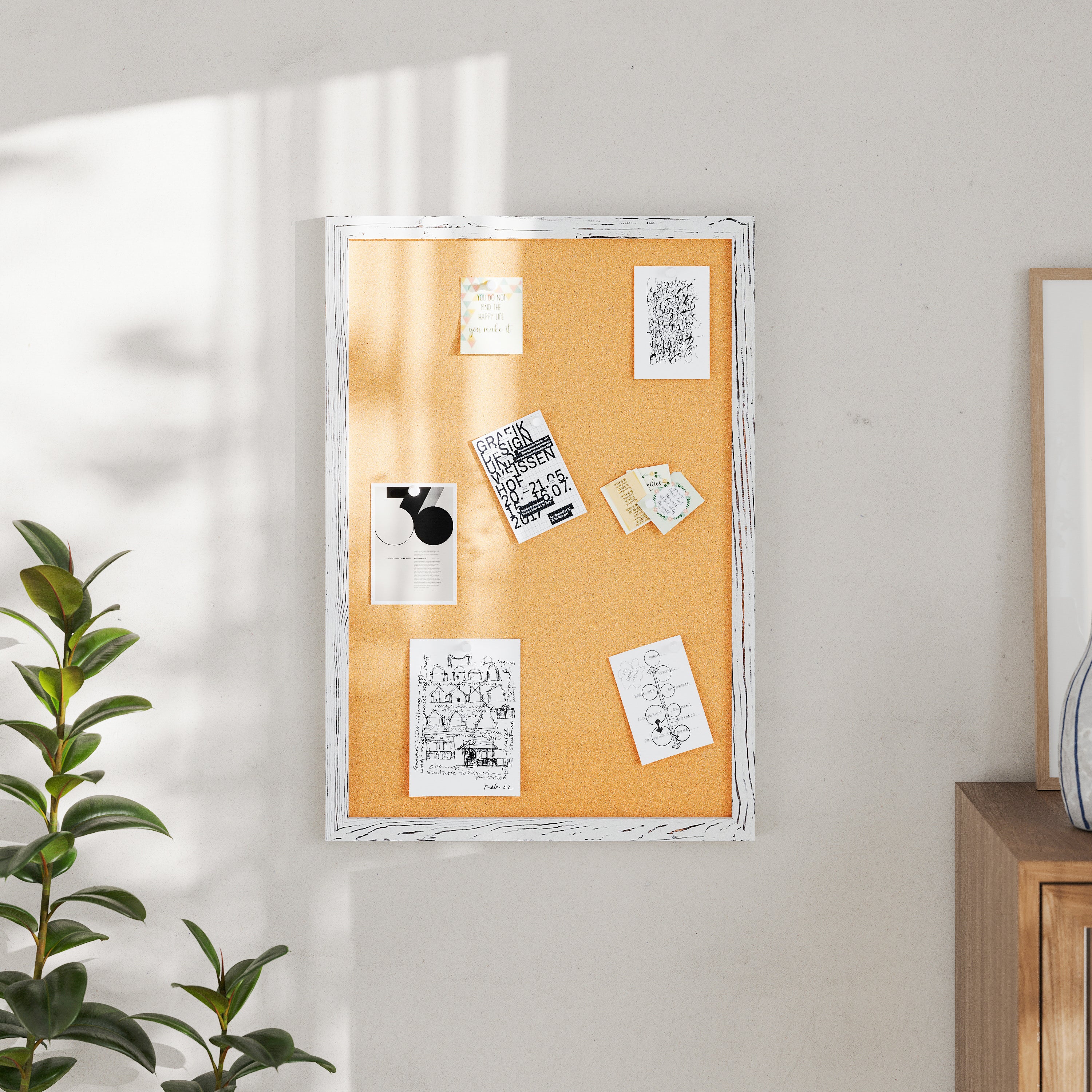 Camden Rustic 20" x 30" Wall Mount Cork Board with Wooden Push Pins for Home, School, or Business in Whitewashed