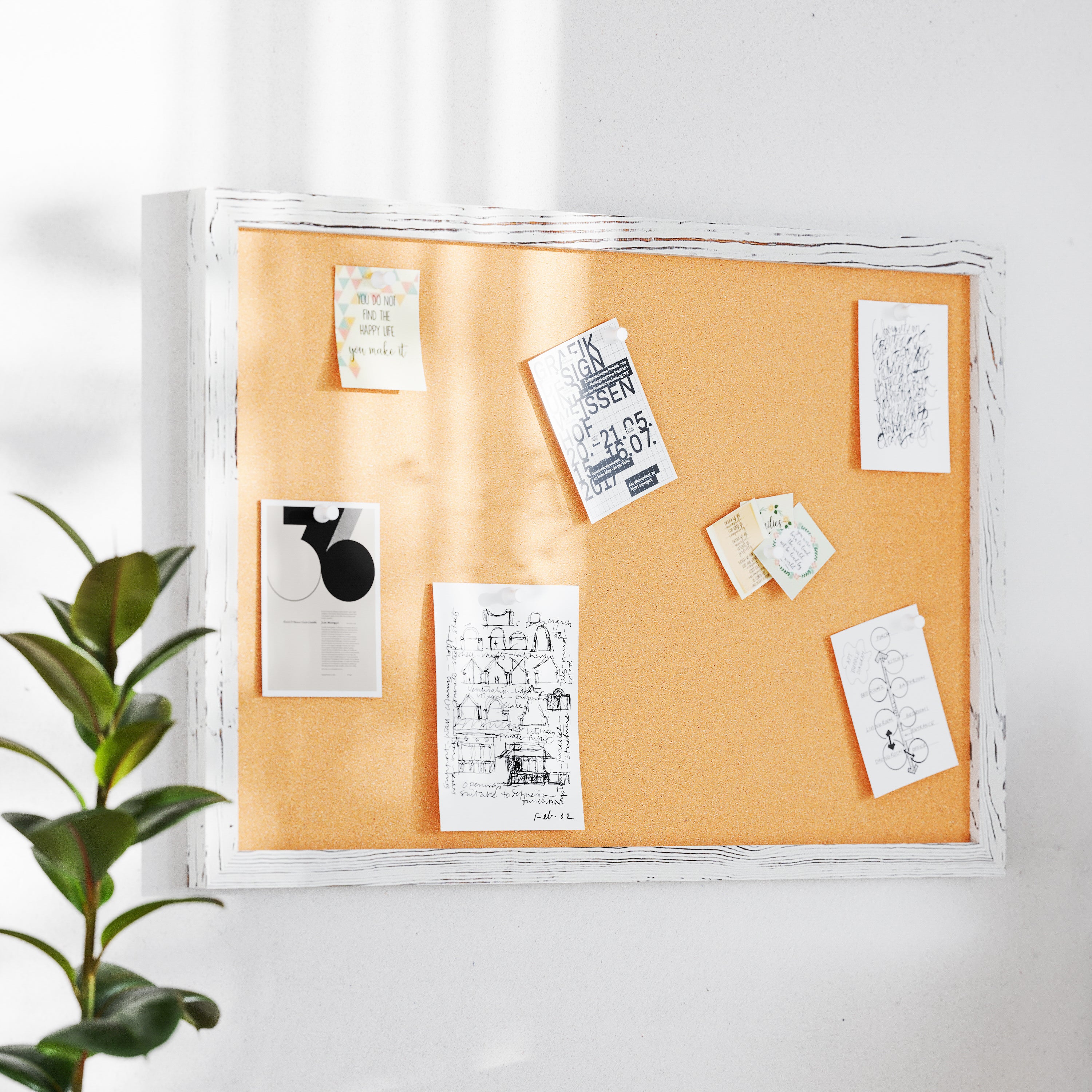 Camden Rustic 20" x 30" Wall Mount Cork Board with Wooden Push Pins for Home, School, or Business in Whitewashed