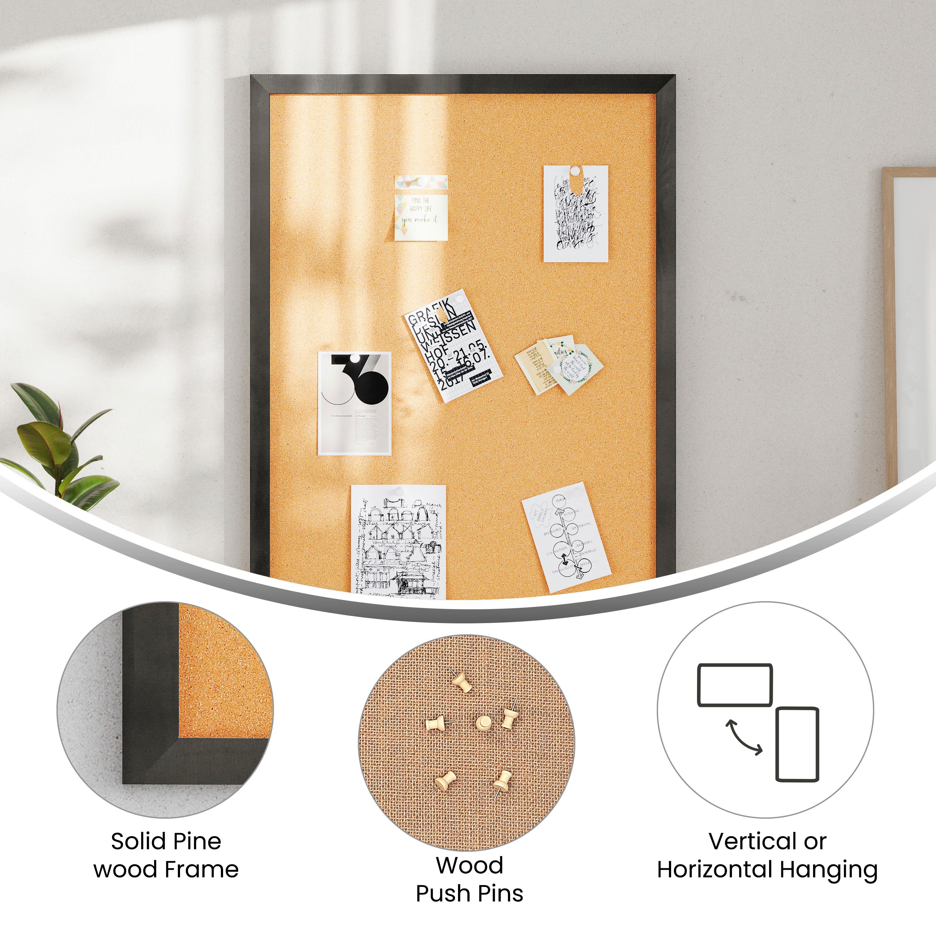 Camden Rustic 24" x 36" Wall Mount Cork Board with Wooden Push Pins for Home, School, or Business in Black