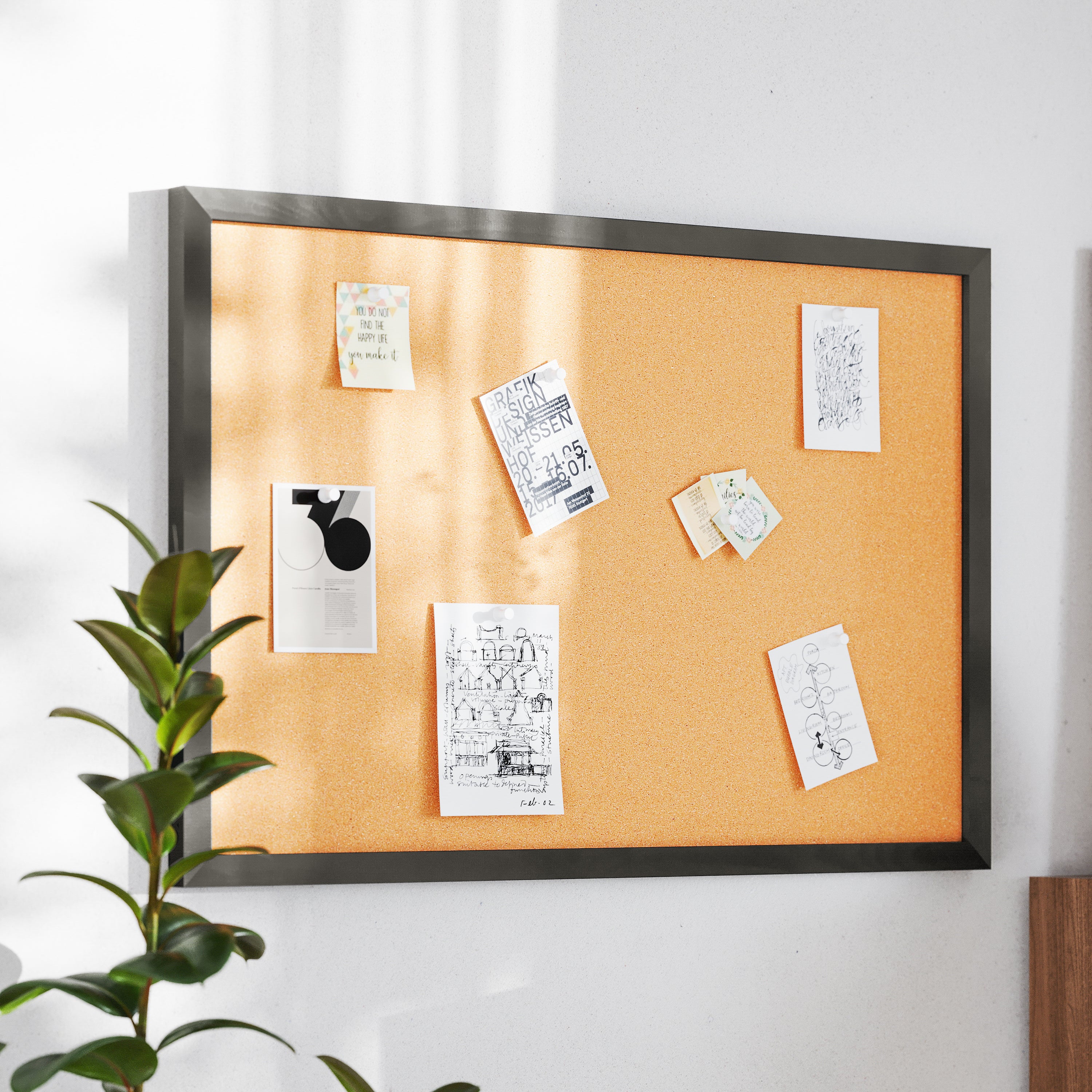 Camden Rustic 24" x 36" Wall Mount Cork Board with Wooden Push Pins for Home, School, or Business in Black