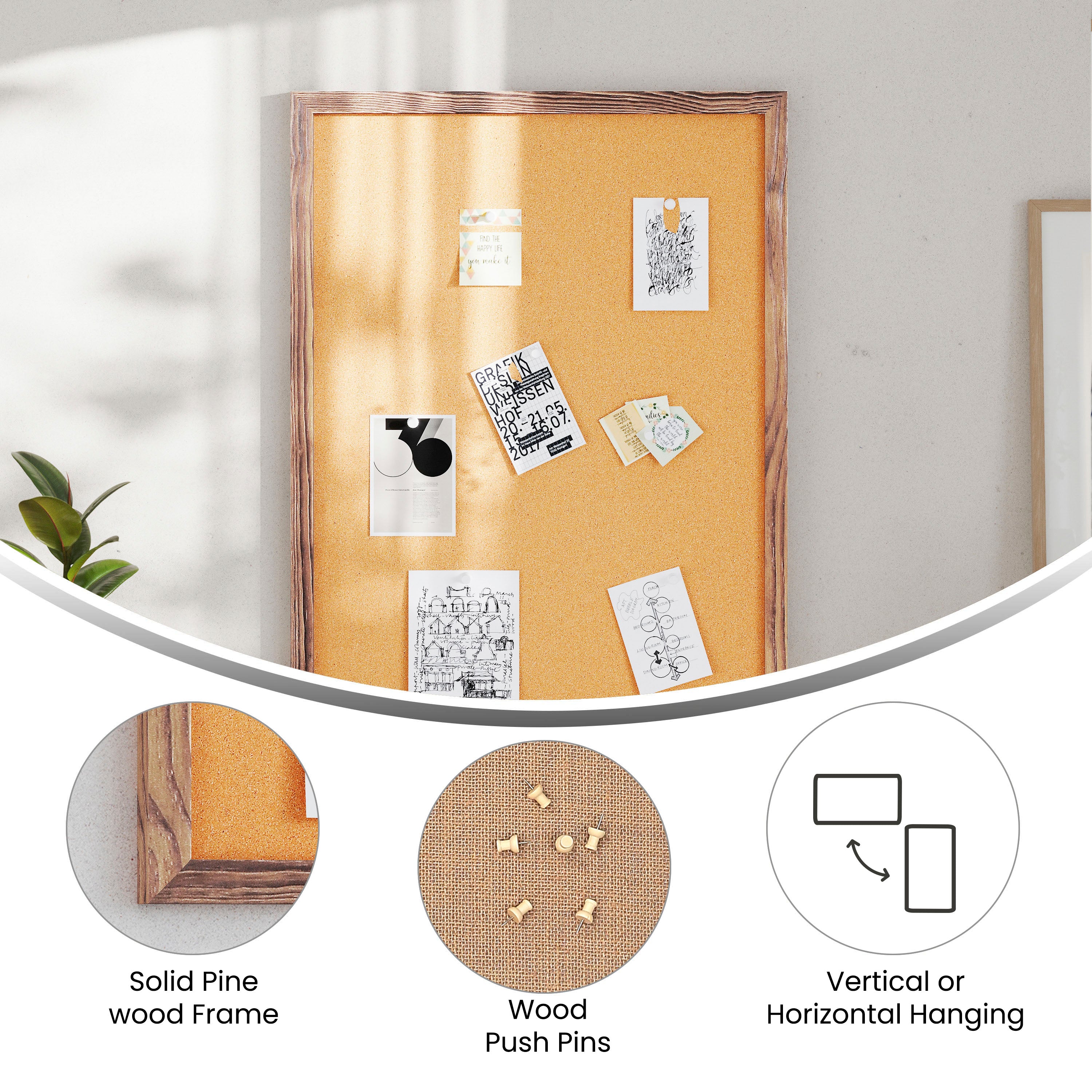 Camden Rustic 24" x 36" Wall Mount Cork Board with Wooden Push Pins for Home, School, or Business in Torched Brown