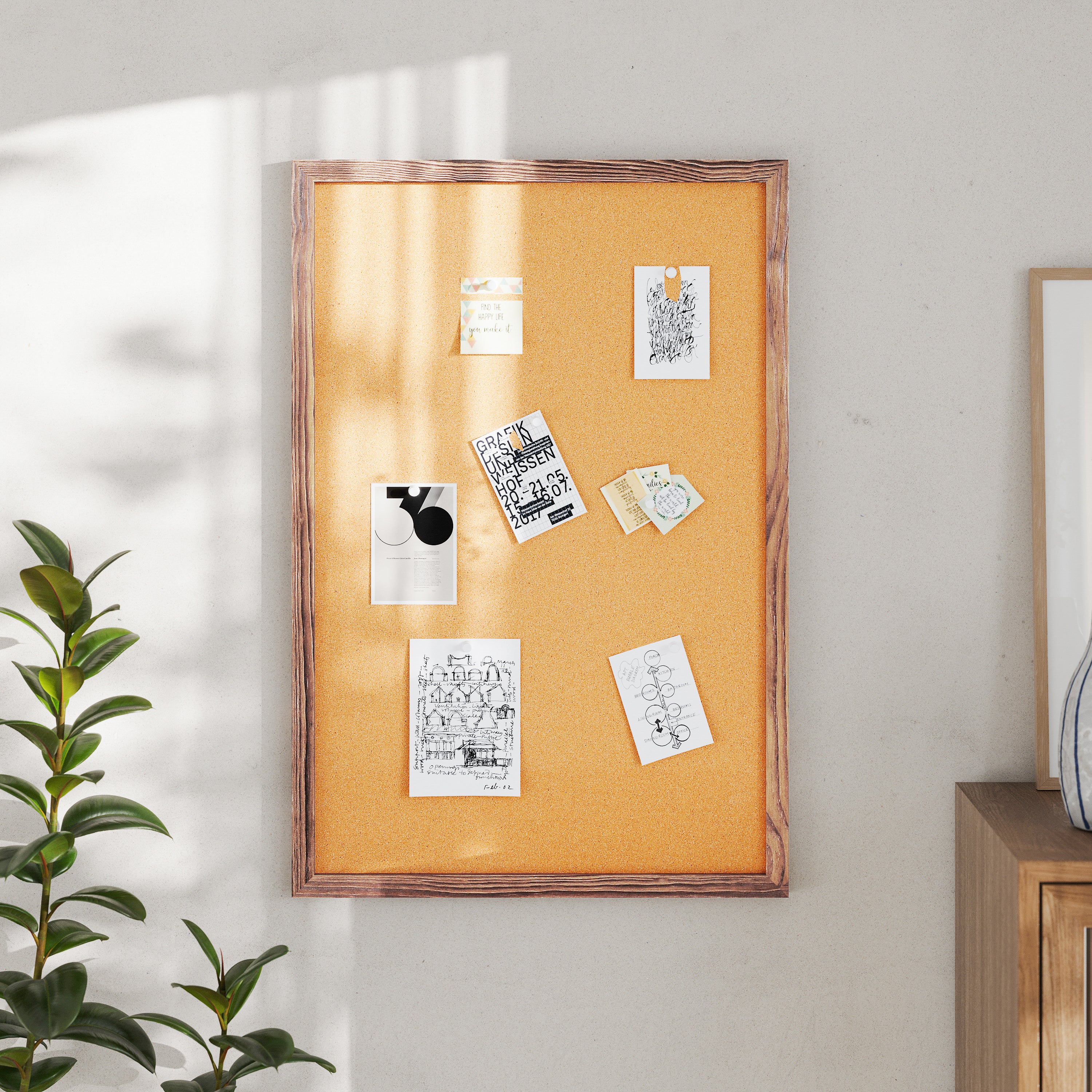 Camden Rustic 24" x 36" Wall Mount Cork Board with Wooden Push Pins for Home, School, or Business in Torched Brown