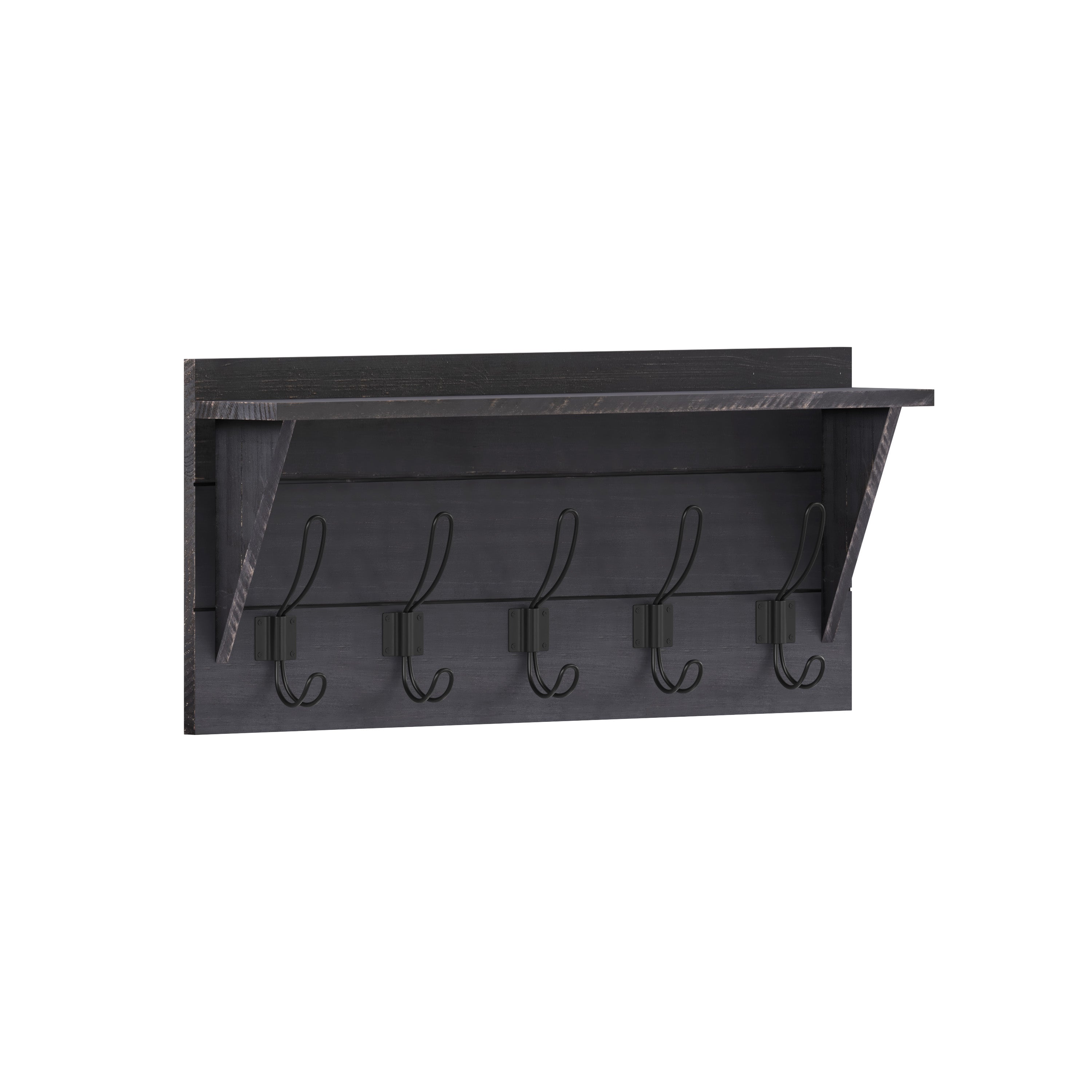 Daly Wall Mounted 24 Inch Solid Pine Wood Storage Rack with Upper Shelf and 5 Hooks For Entryway, Kitchen, Bathroom, Black Wash