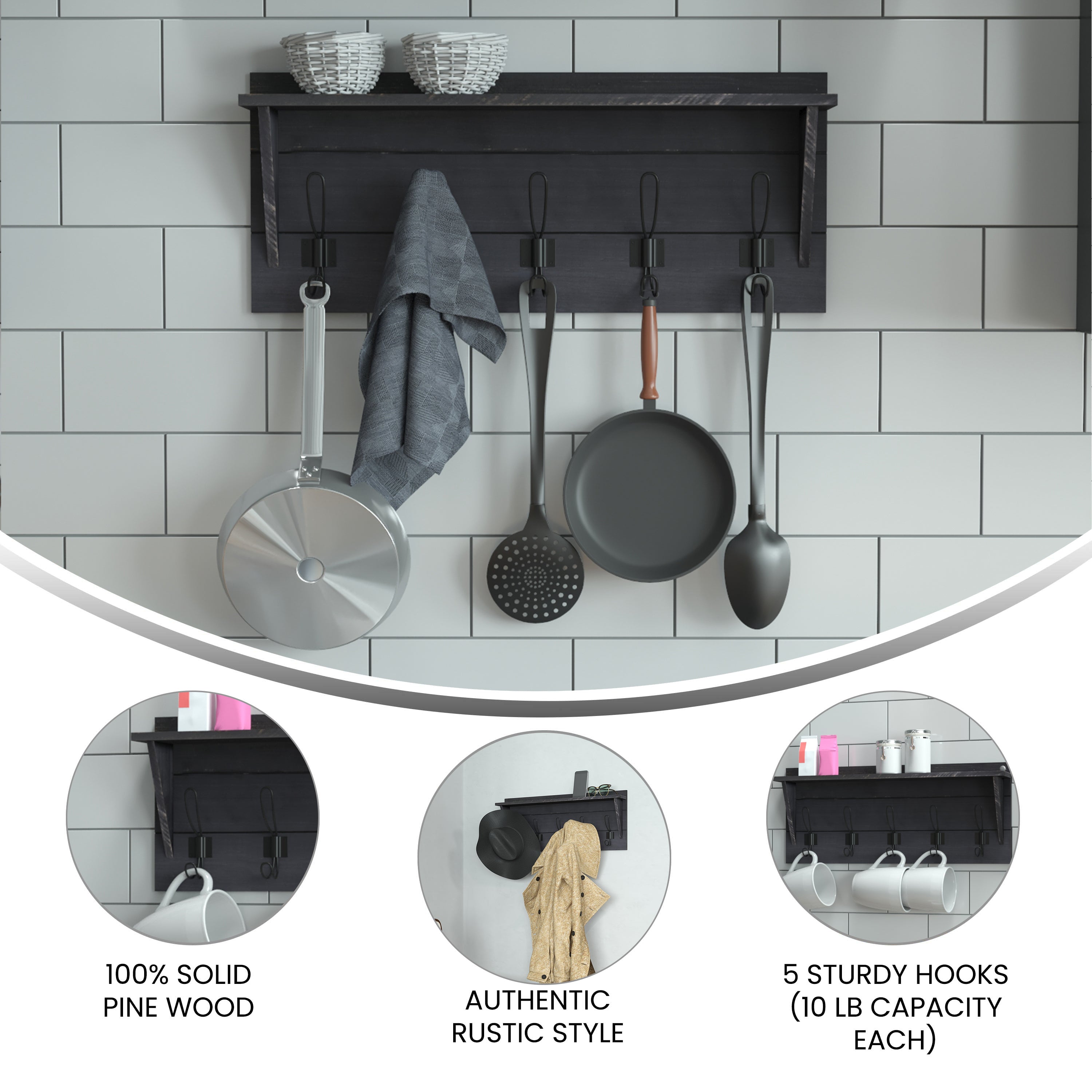 Daly Wall Mounted 24 Inch Solid Pine Wood Storage Rack with Upper Shelf and 5 Hooks For Entryway, Kitchen, Bathroom, Black Wash