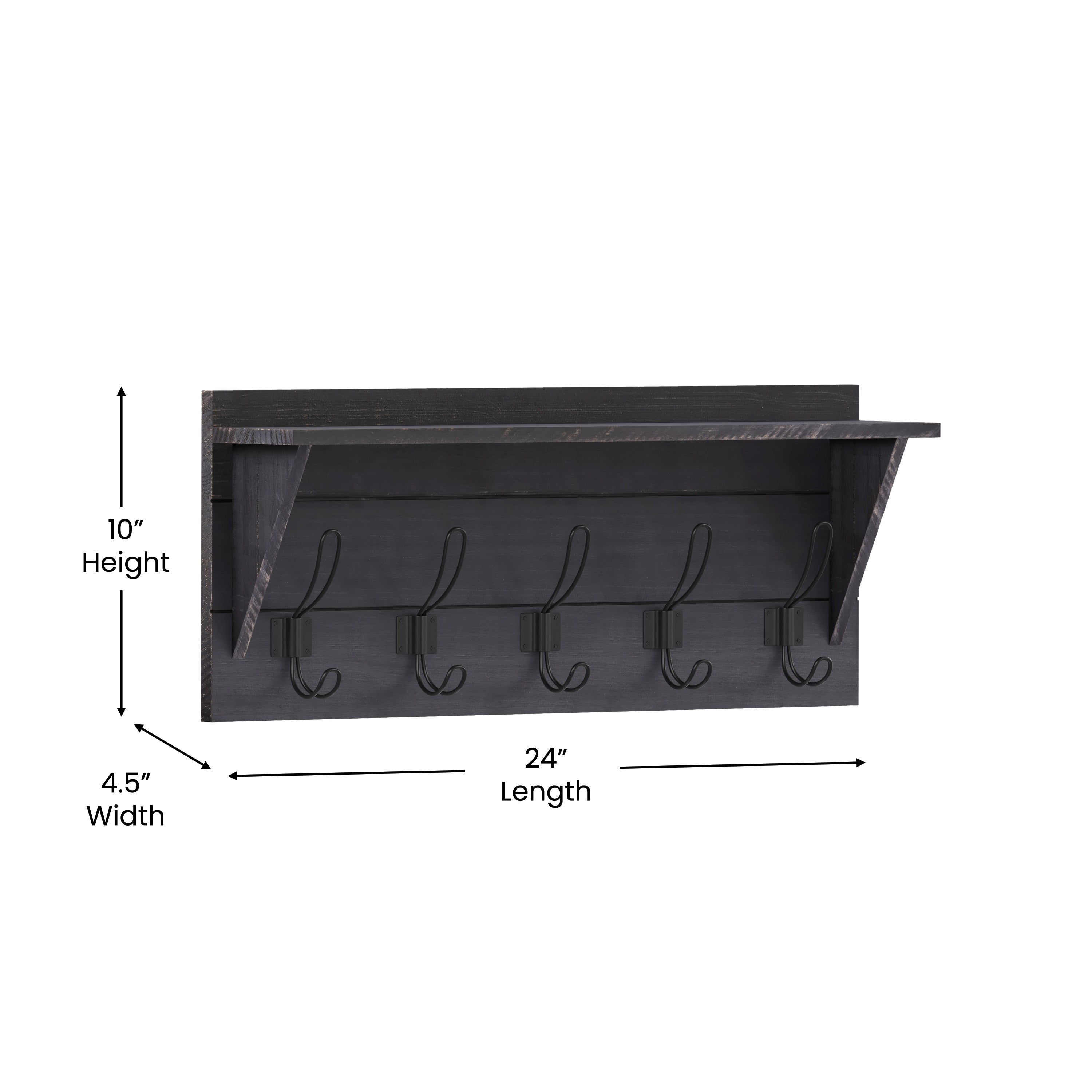 Daly Wall Mounted 24 Inch Solid Pine Wood Storage Rack with Upper Shelf and 5 Hooks For Entryway, Kitchen, Bathroom, Black Wash