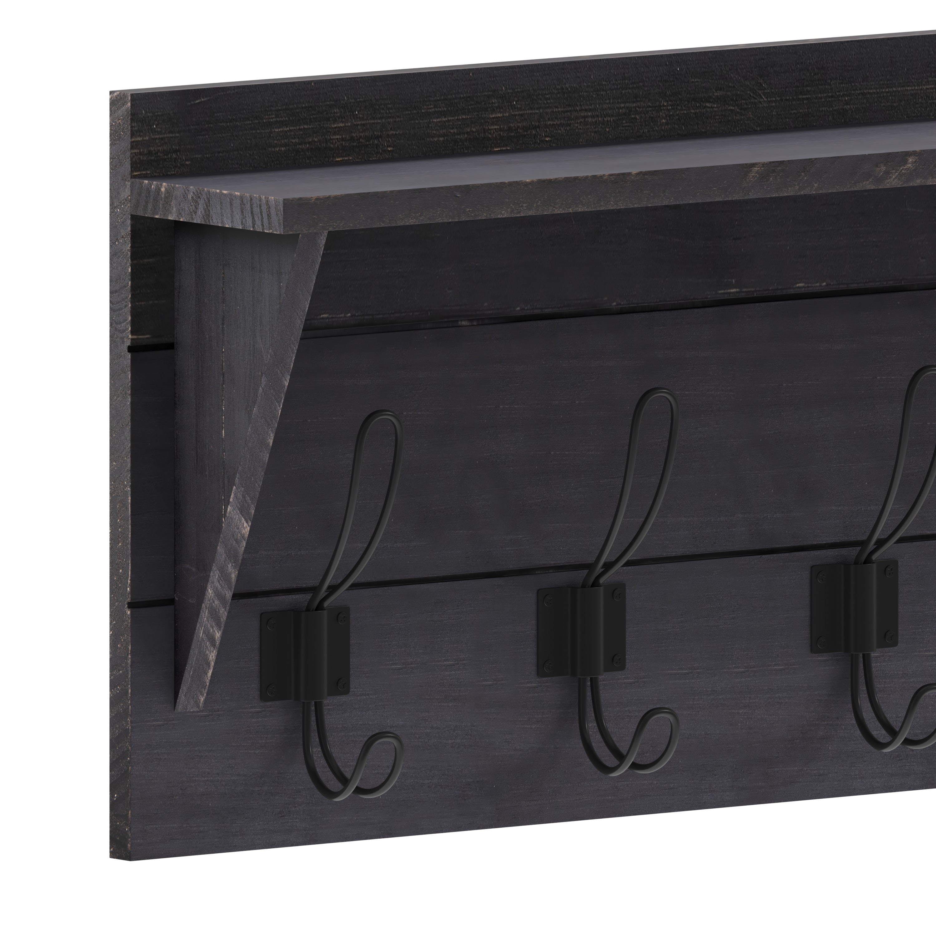 Daly Wall Mounted 24 Inch Solid Pine Wood Storage Rack with Upper Shelf and 5 Hooks For Entryway, Kitchen, Bathroom, Black Wash