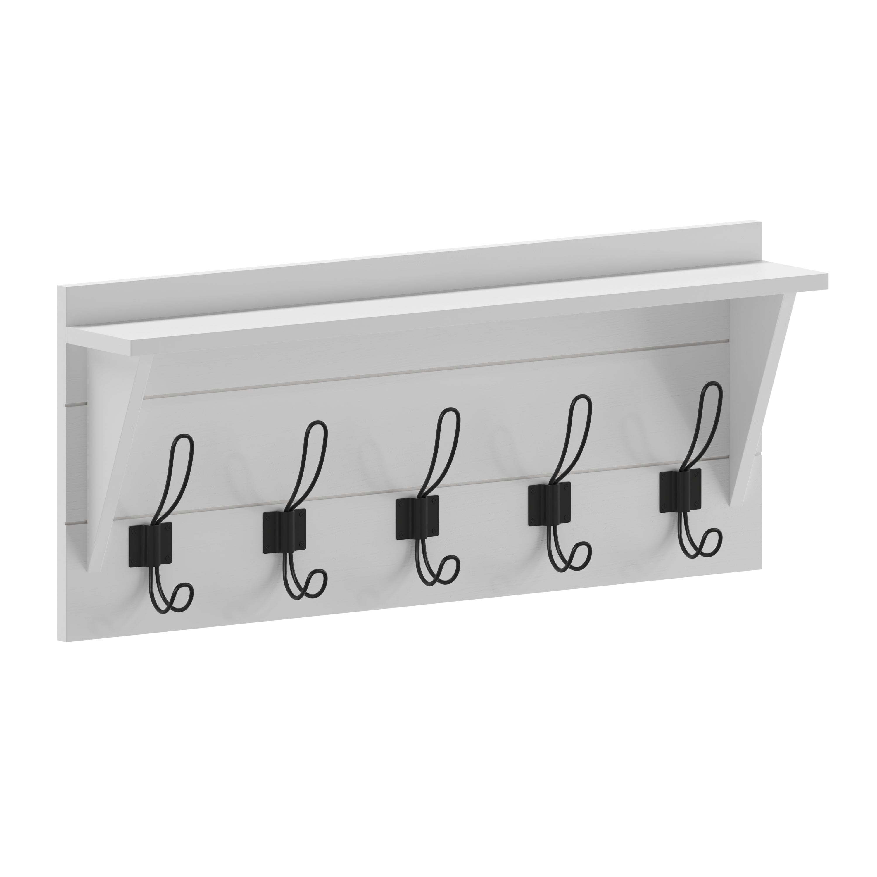 Daly Wall Mounted 24 Inch Solid Pine Wood Storage Rack with Upper Shelf and 5 Hooks For Entryway, Kitchen, Bathroom, Solid White