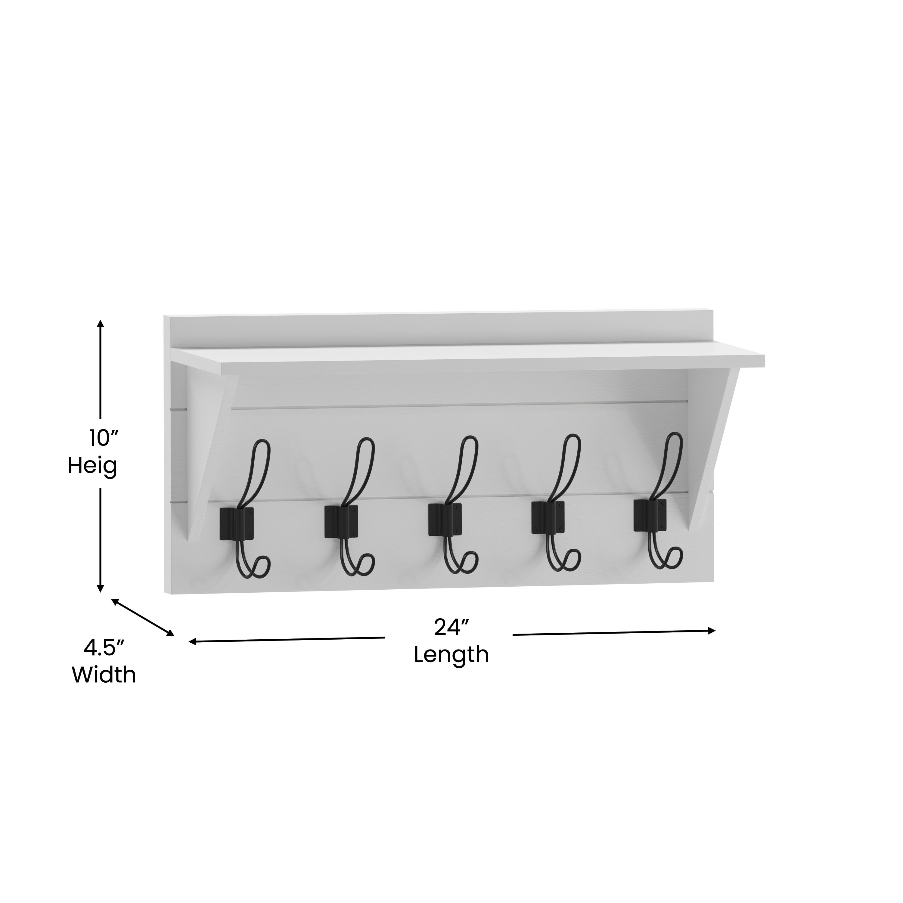 Daly Wall Mounted 24 Inch Solid Pine Wood Storage Rack with Upper Shelf and 5 Hooks For Entryway, Kitchen, Bathroom, Solid White