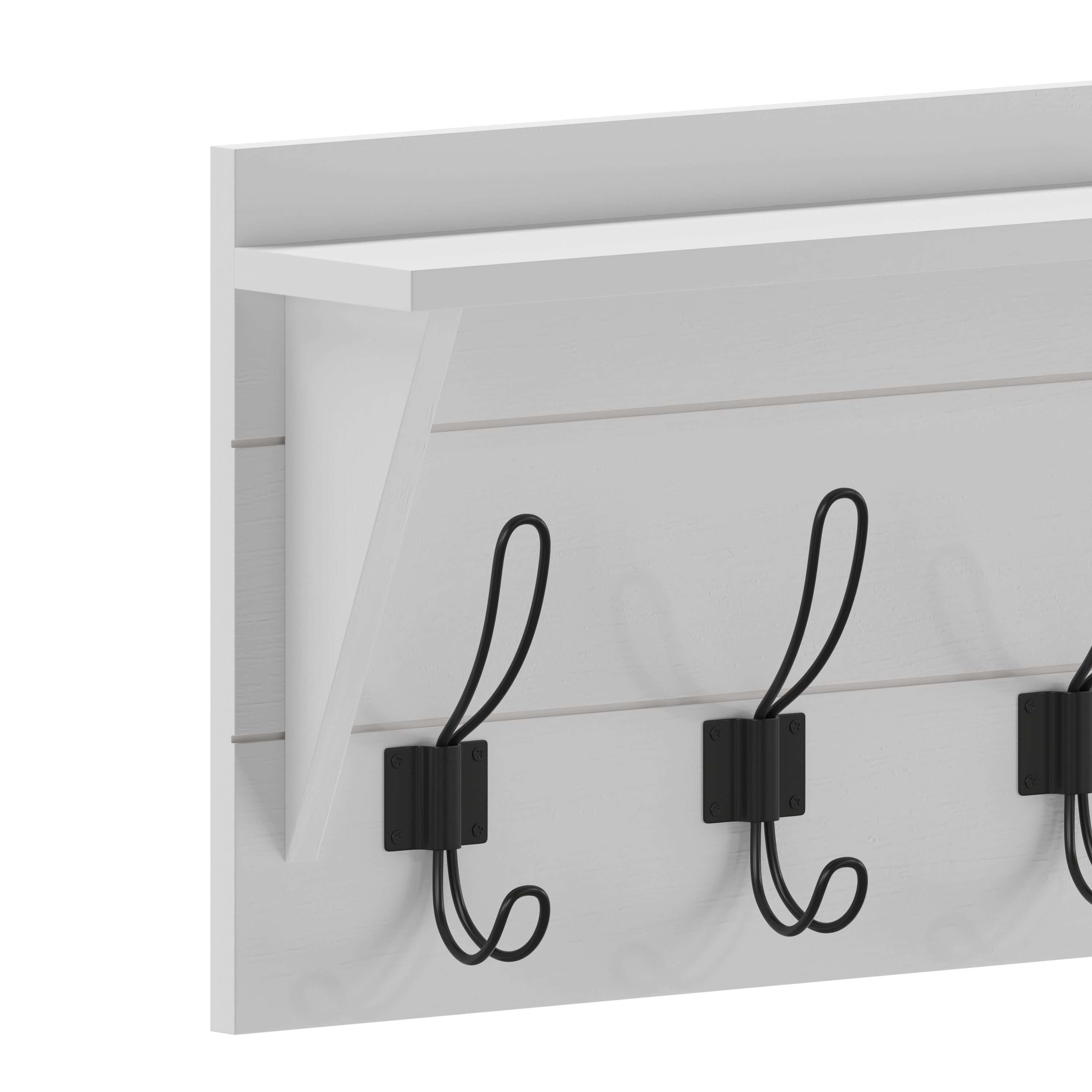 Daly Wall Mounted 24 Inch Solid Pine Wood Storage Rack with Upper Shelf and 5 Hooks For Entryway, Kitchen, Bathroom, Solid White