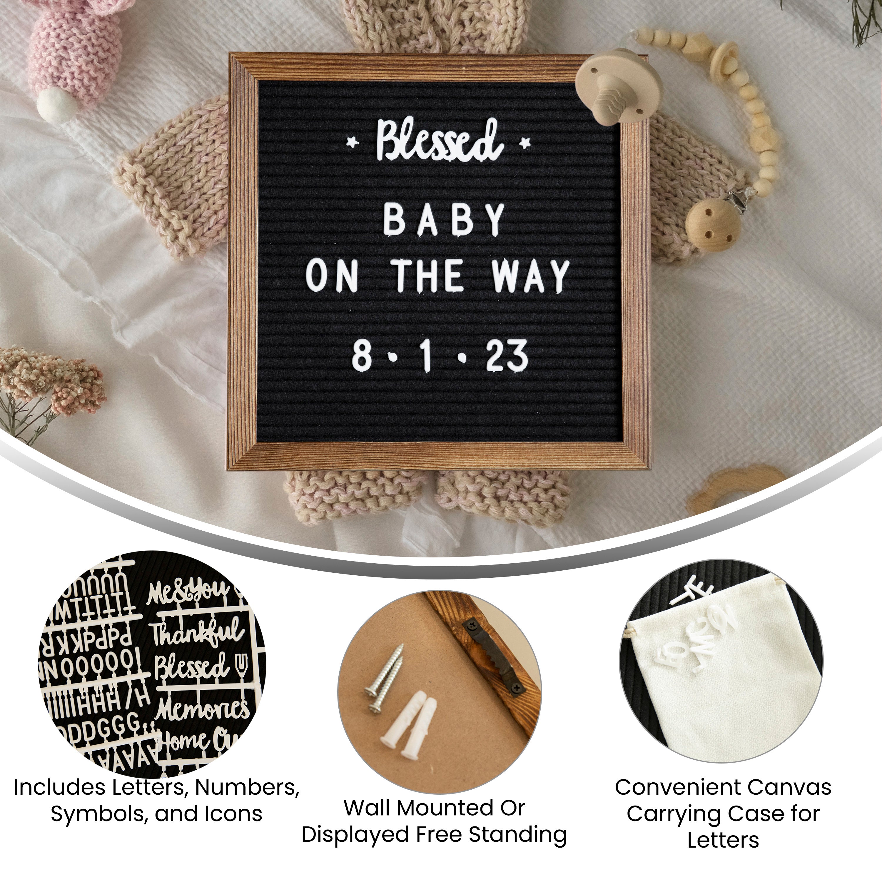 Gracie 10x10 Felt Letter Board with Wooden Frame, 389 PP Letters Including Numbers, Symbols and Icons, Canvas Carrying Case, Torched Wood/Black Felt