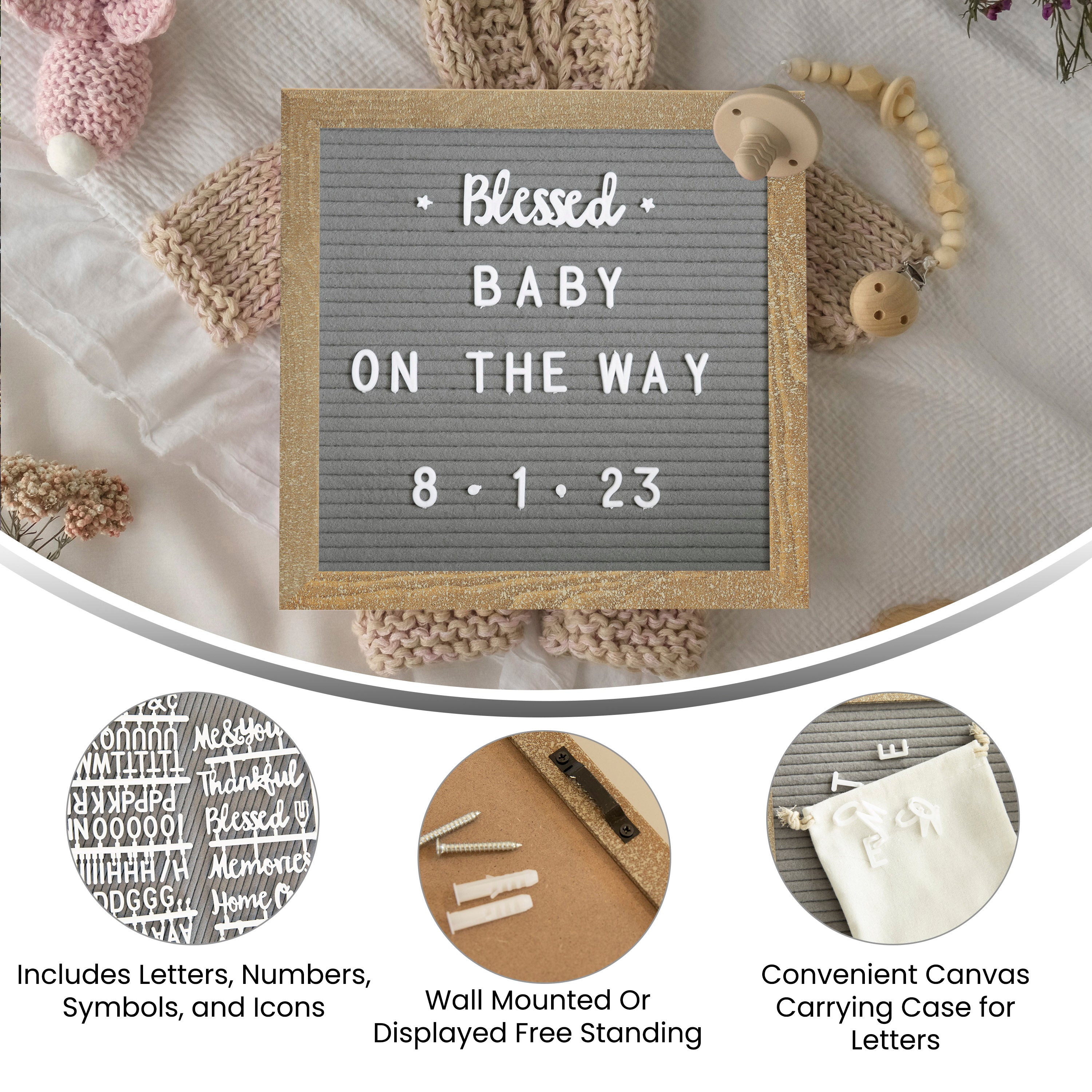 Gracie 10x10 Felt Letter Board with Wooden Frame, 389 PP Letters Including Numbers, Symbols and Icons, Canvas Carrying Case, Weathered Wood/Gray Felt