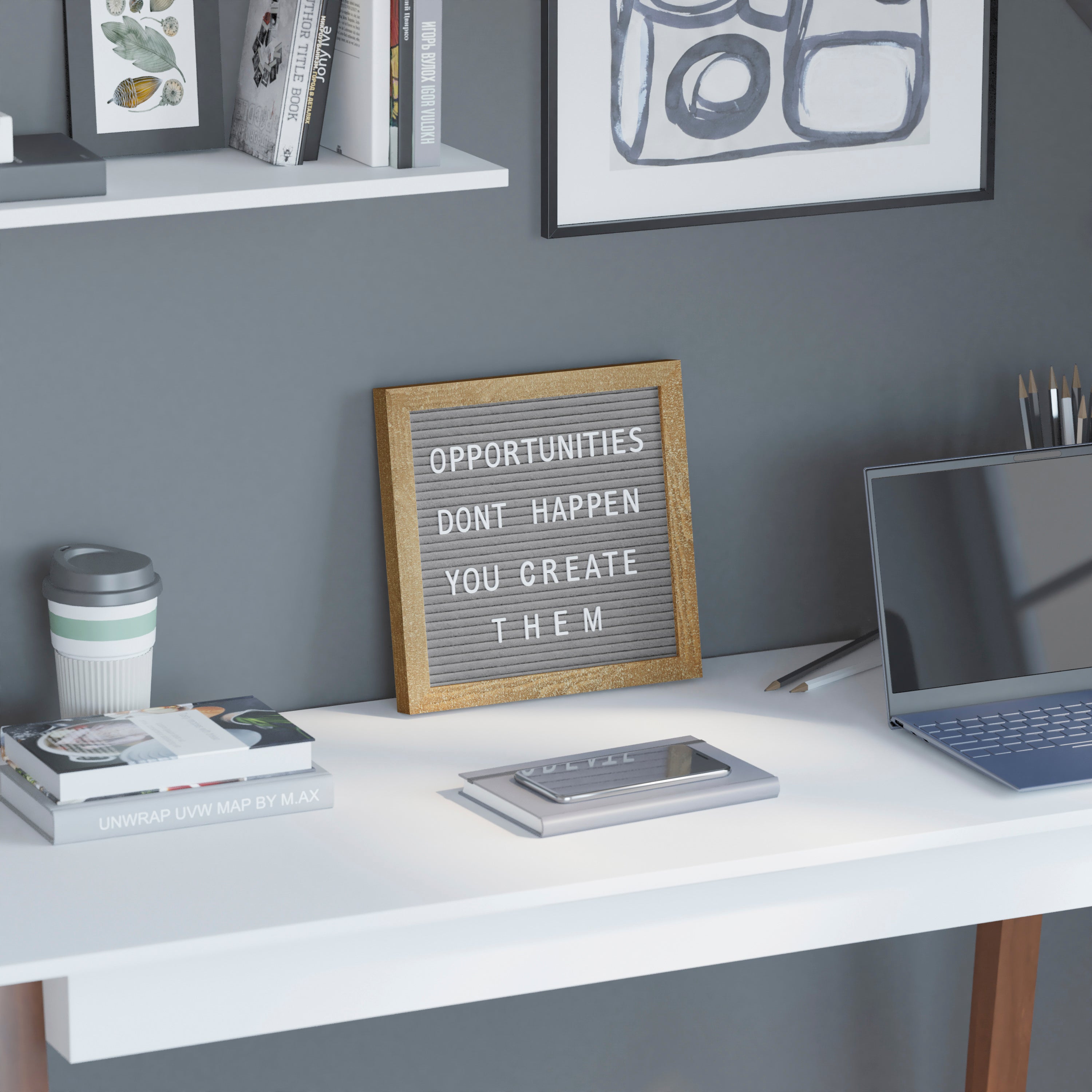 Gracie 10x10 Felt Letter Board with Wooden Frame, 389 PP Letters Including Numbers, Symbols and Icons, Canvas Carrying Case, Weathered Wood/Gray Felt