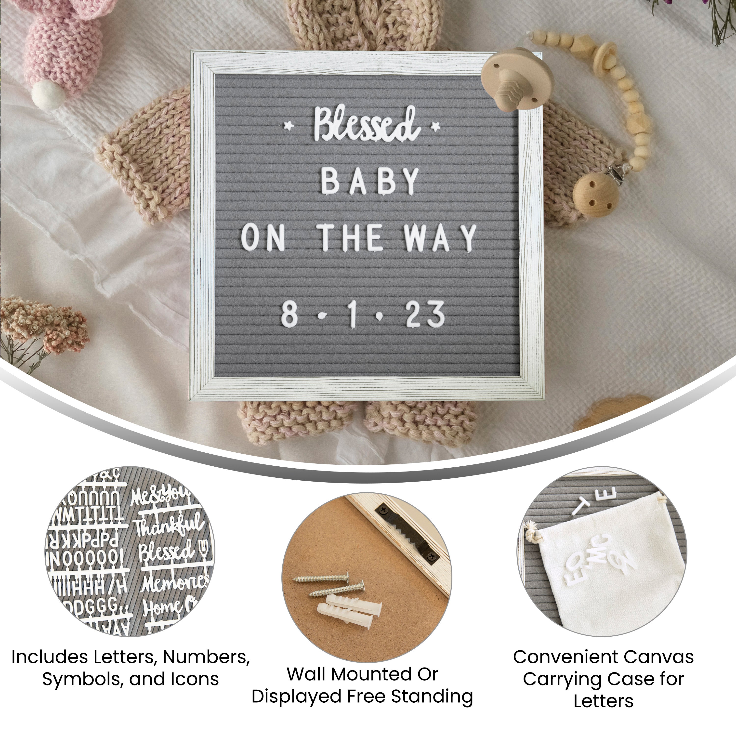 Gracie 10x10 Felt Letter Board with Wooden Frame, 389 PP Letters Including Numbers, Symbols and Icons, Canvas Carrying Case, White Wash/Gray Felt