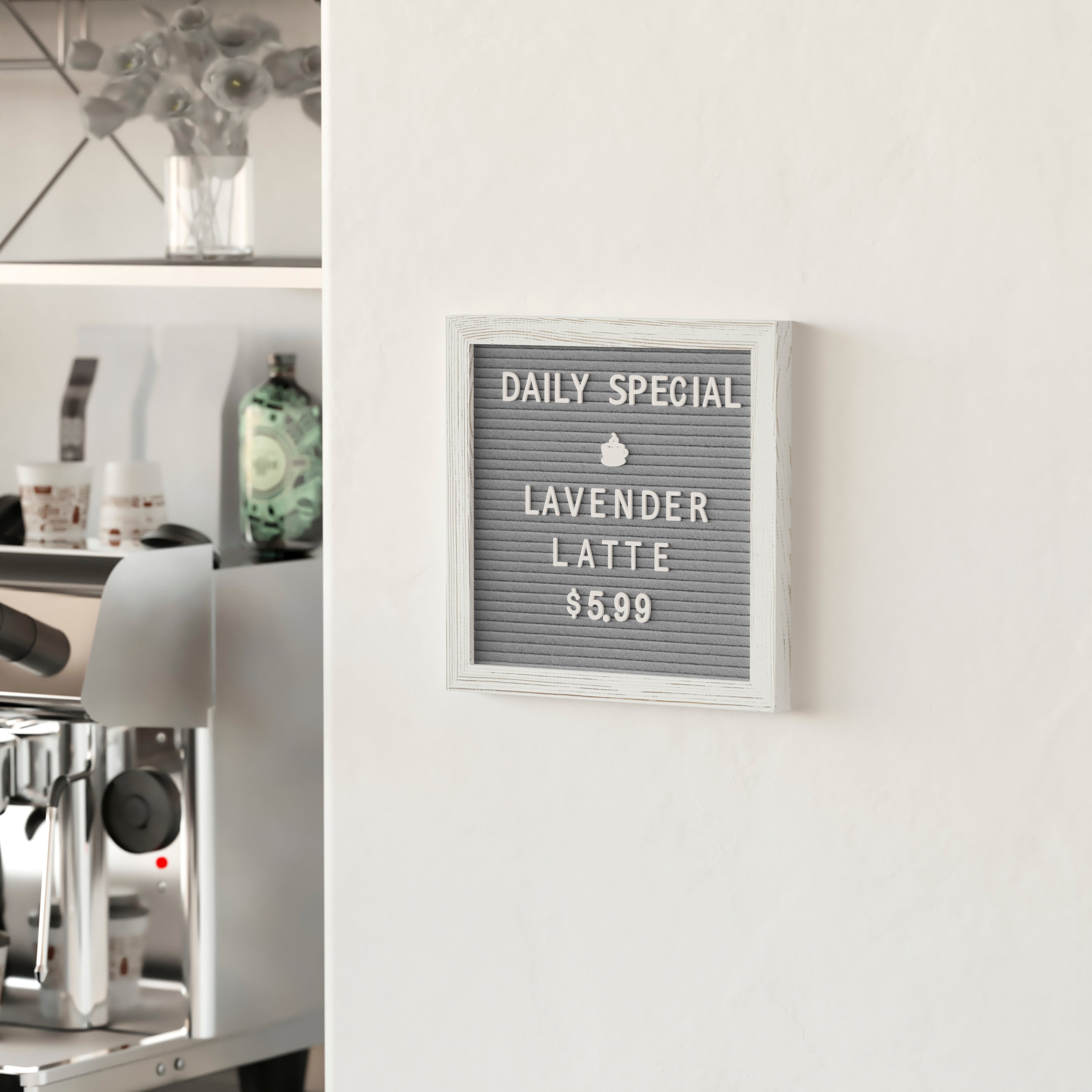 Gracie 10x10 Felt Letter Board with Wooden Frame, 389 PP Letters Including Numbers, Symbols and Icons, Canvas Carrying Case, White Wash/Gray Felt