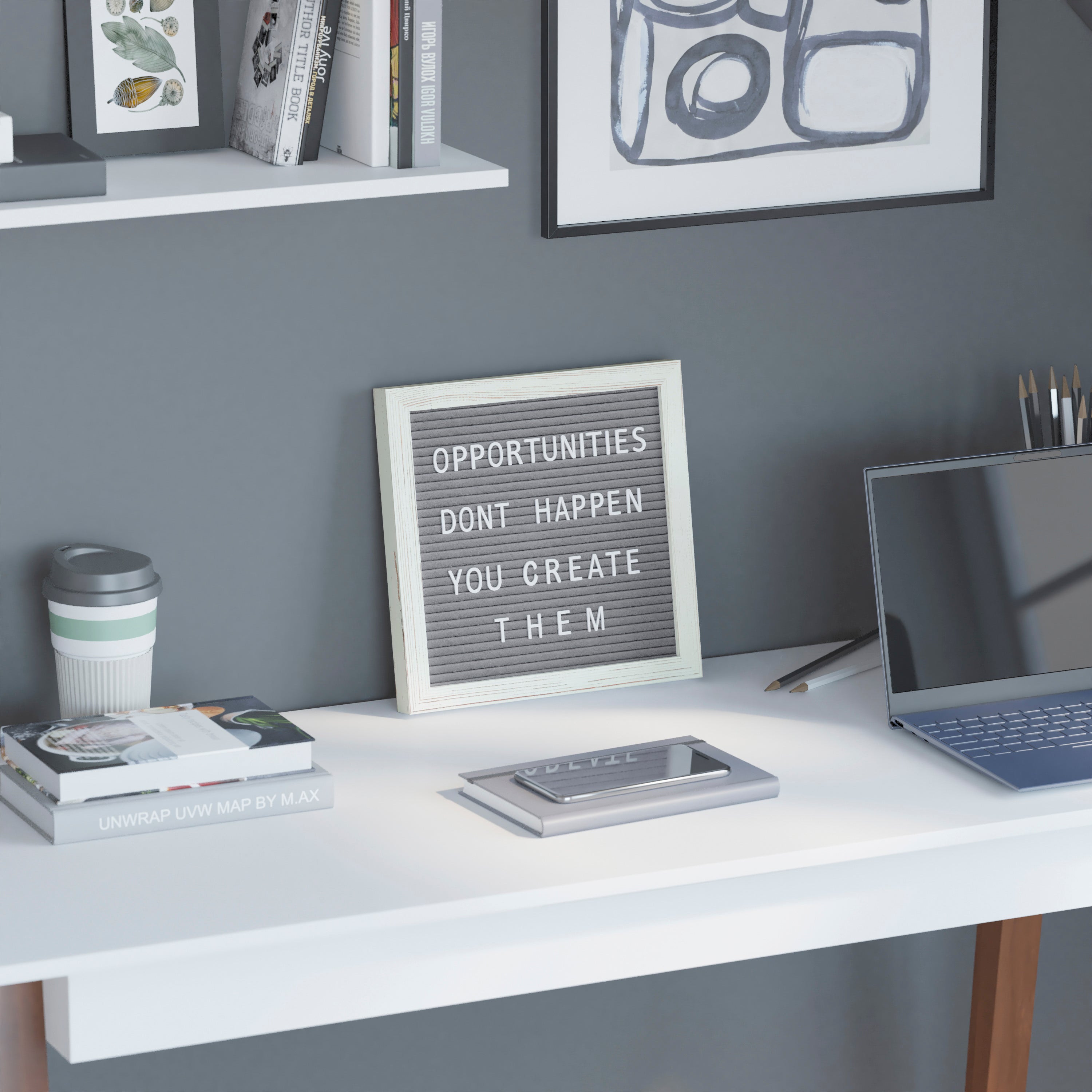 Gracie 10x10 Felt Letter Board with Wooden Frame, 389 PP Letters Including Numbers, Symbols and Icons, Canvas Carrying Case, White Wash/Gray Felt