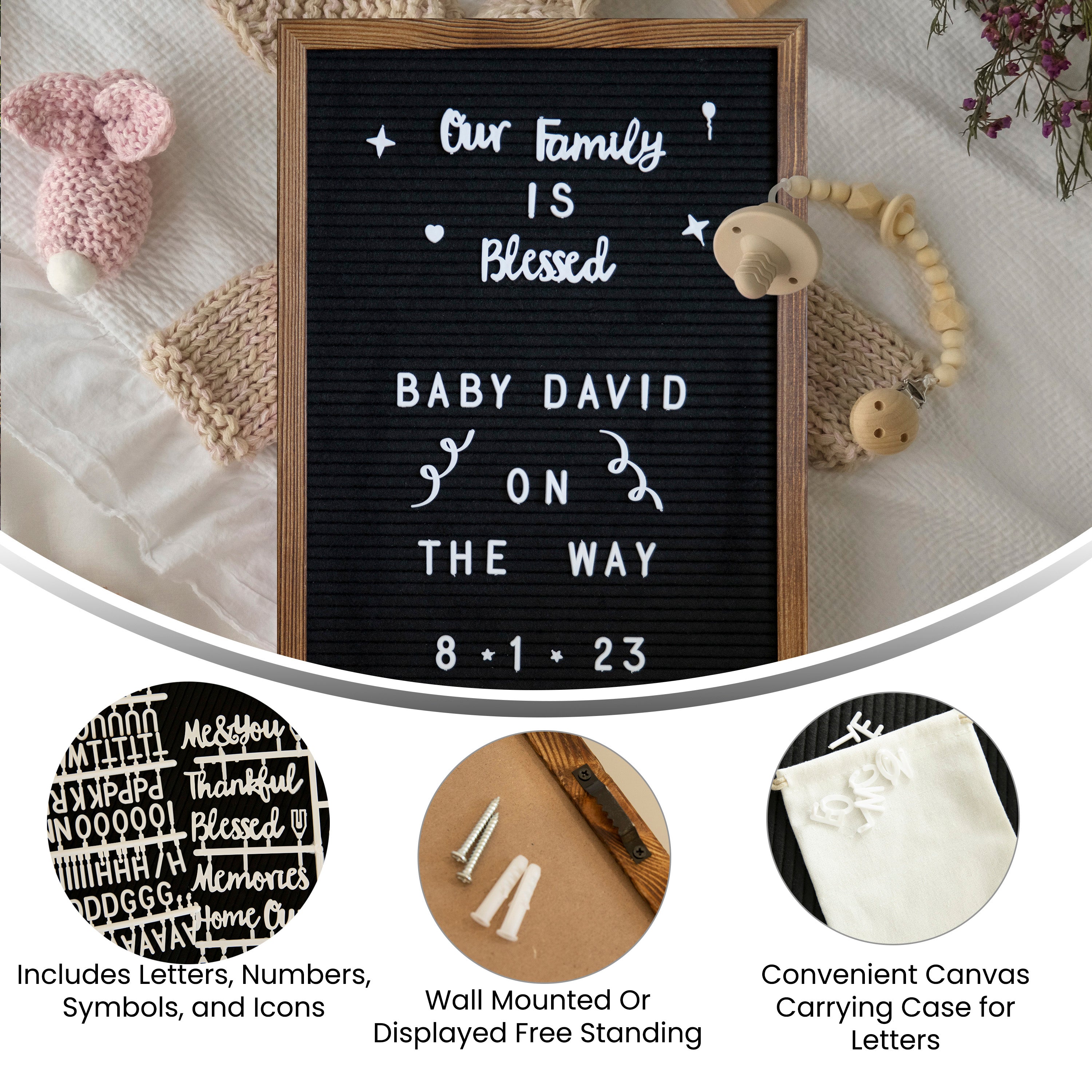 Gracie 12x17 Felt Letter Board with Wooden Frame, 389 PP Letters Including Numbers, Symbols and Icons, Canvas Carrying Case, Torched Wood/Black Felt