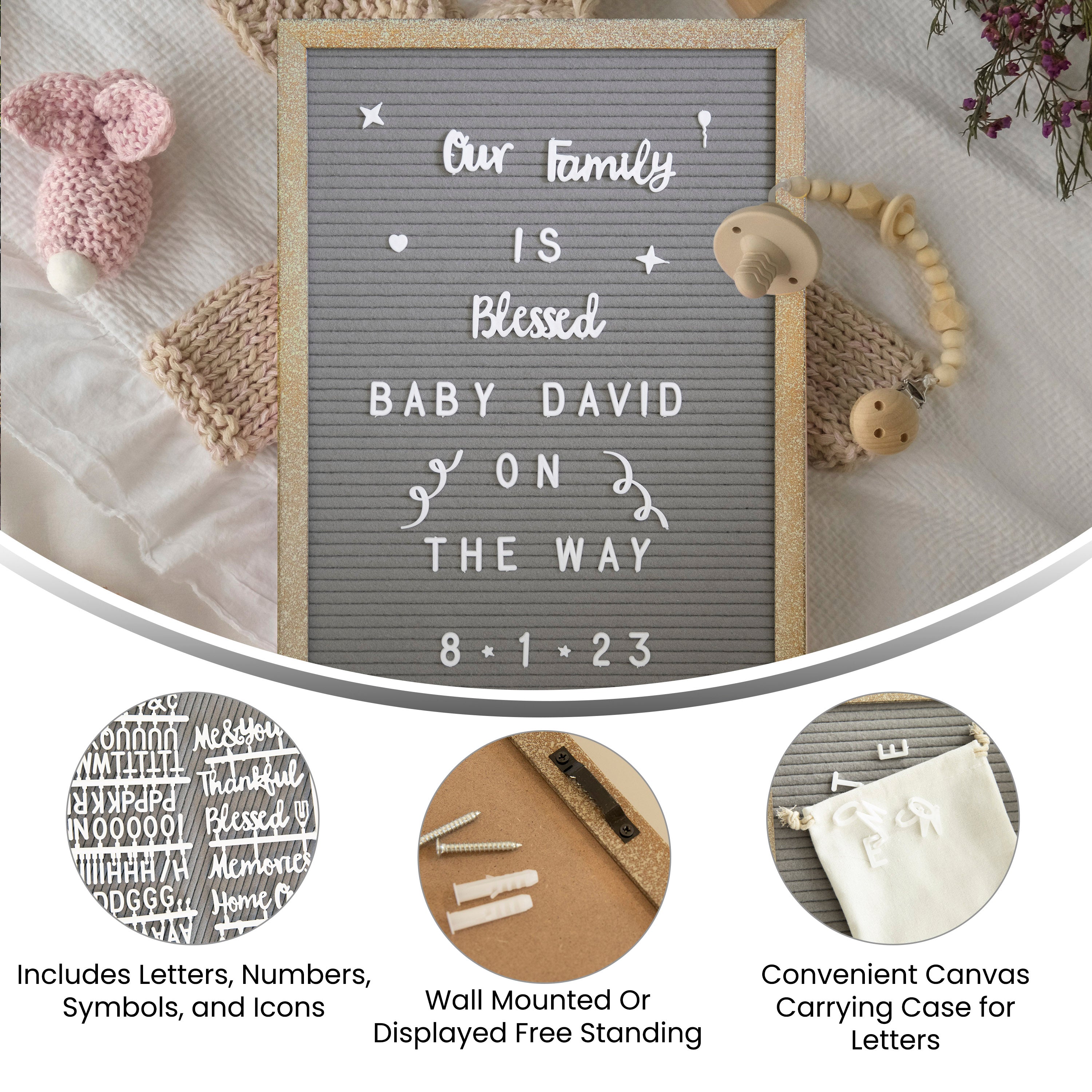 Gracie 12x17 Felt Letter Board with Wooden Frame, 389 PP Letters Including Numbers, Symbols and Icons, Canvas Carrying Case, Weathered Wood/Gray Felt