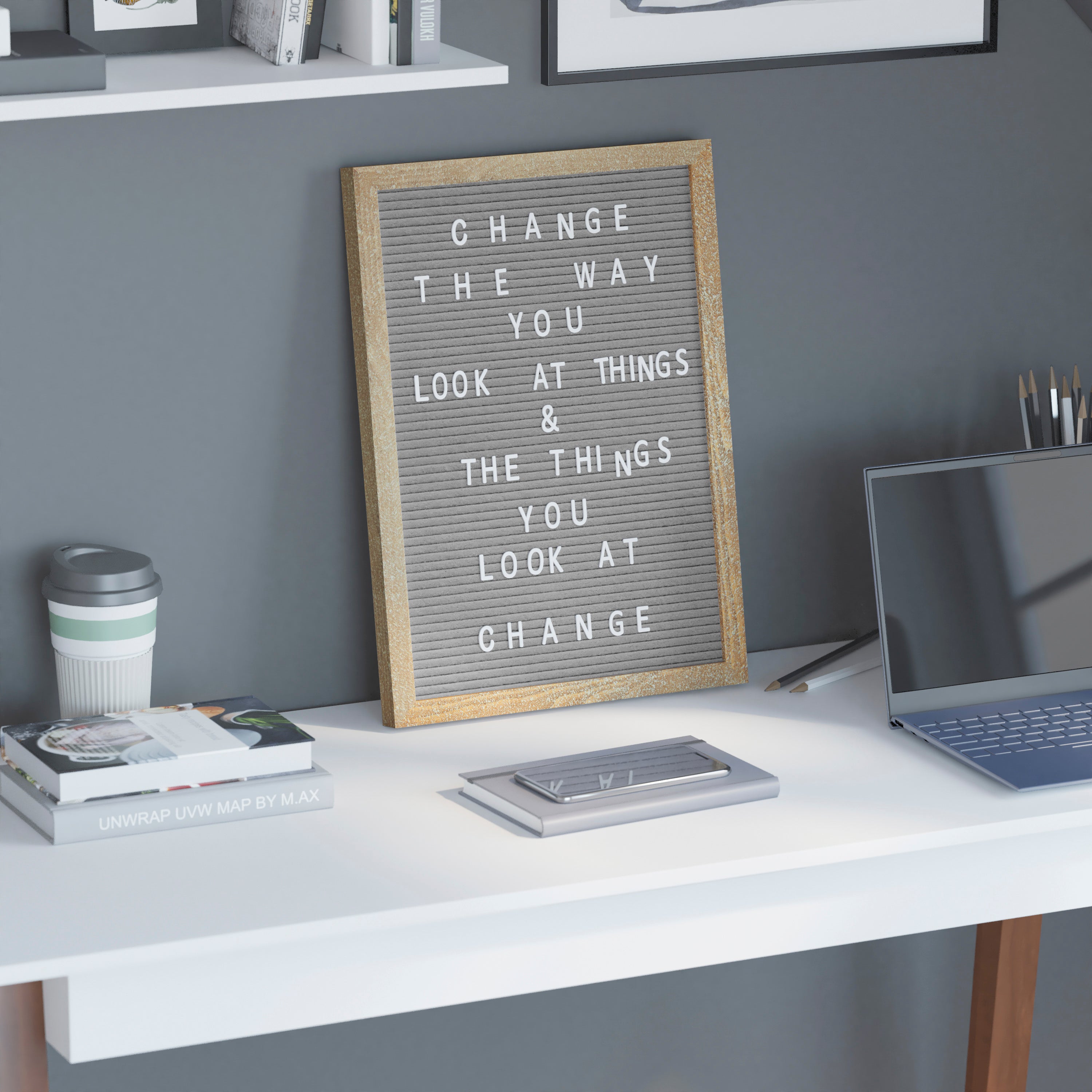 Gracie 12x17 Felt Letter Board with Wooden Frame, 389 PP Letters Including Numbers, Symbols and Icons, Canvas Carrying Case, Weathered Wood/Gray Felt