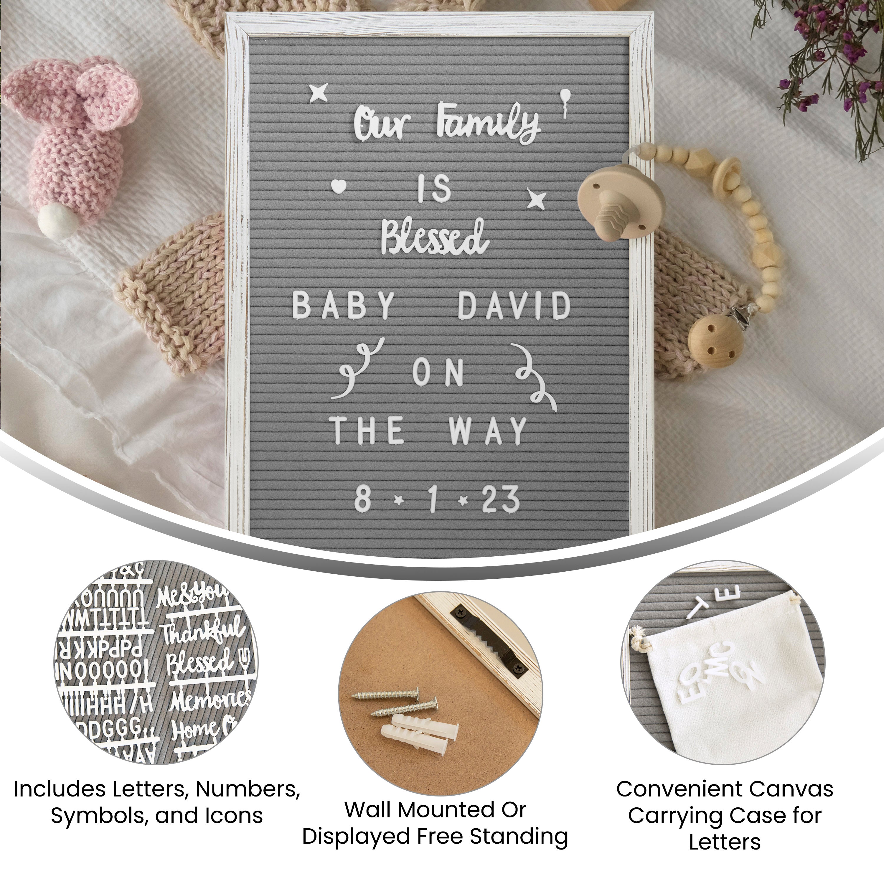 Gracie 12x17 Felt Letter Board with Wooden Frame, 389 PP Letters Including Numbers, Symbols and Icons, Canvas Carrying Case, White Wash/Gray Felt