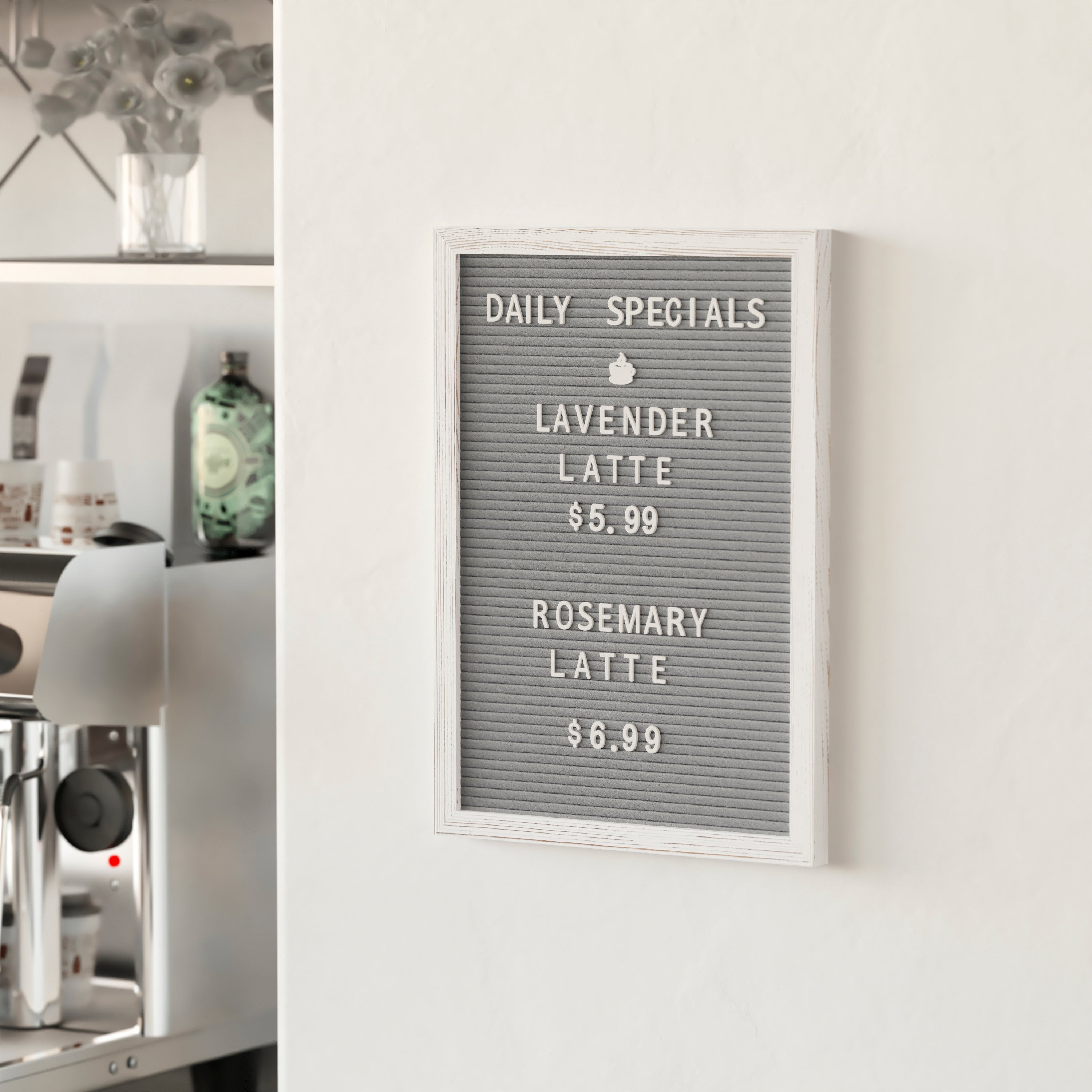 Gracie 12x17 Felt Letter Board with Wooden Frame, 389 PP Letters Including Numbers, Symbols and Icons, Canvas Carrying Case, White Wash/Gray Felt