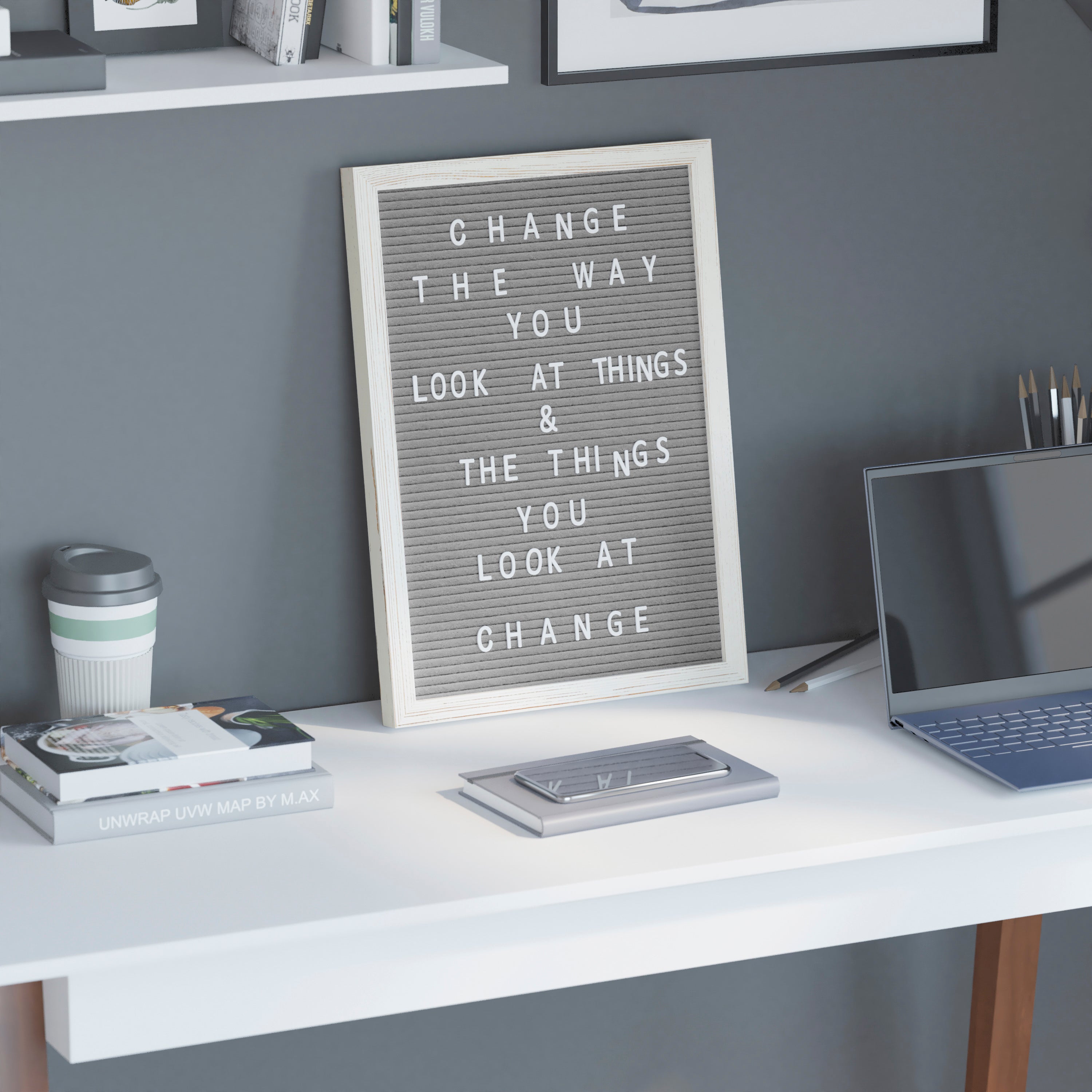 Gracie 12x17 Felt Letter Board with Wooden Frame, 389 PP Letters Including Numbers, Symbols and Icons, Canvas Carrying Case, White Wash/Gray Felt