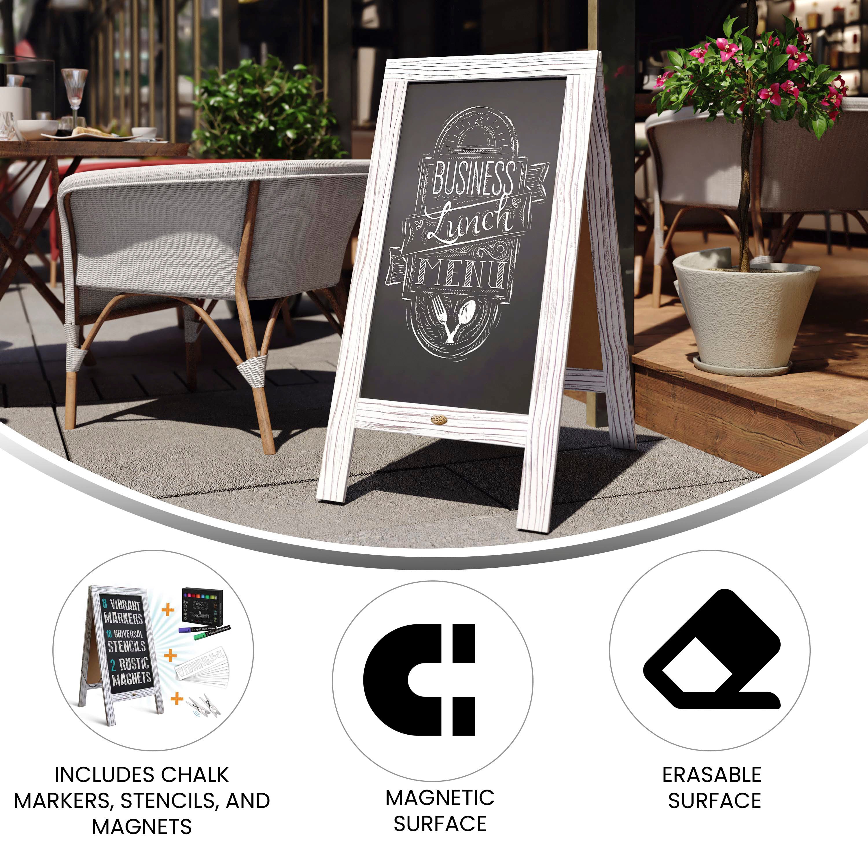 Canterbury 40" x 20" Whitewashed Wooden Indoor/Outdoor A-Frame Magnetic Chalkboard Sign Set - 8 Chalk Markers, 10 Stencils, 2 Magnets, and Eraser