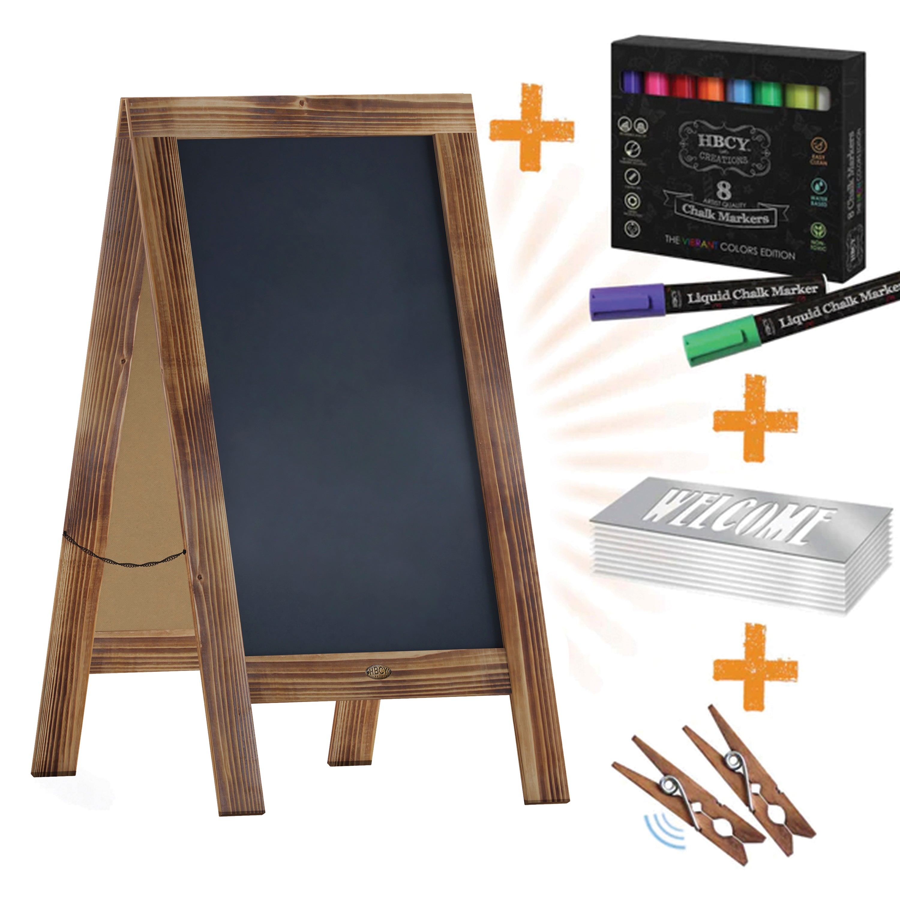 Canterbury 40" x 20" Rustic Brown Wooden Indoor/Outdoor A-Frame Magnetic Chalkboard Sign Set with 8 Chalk Markers, 10 Stencils, 2 Magnets, and Eraser