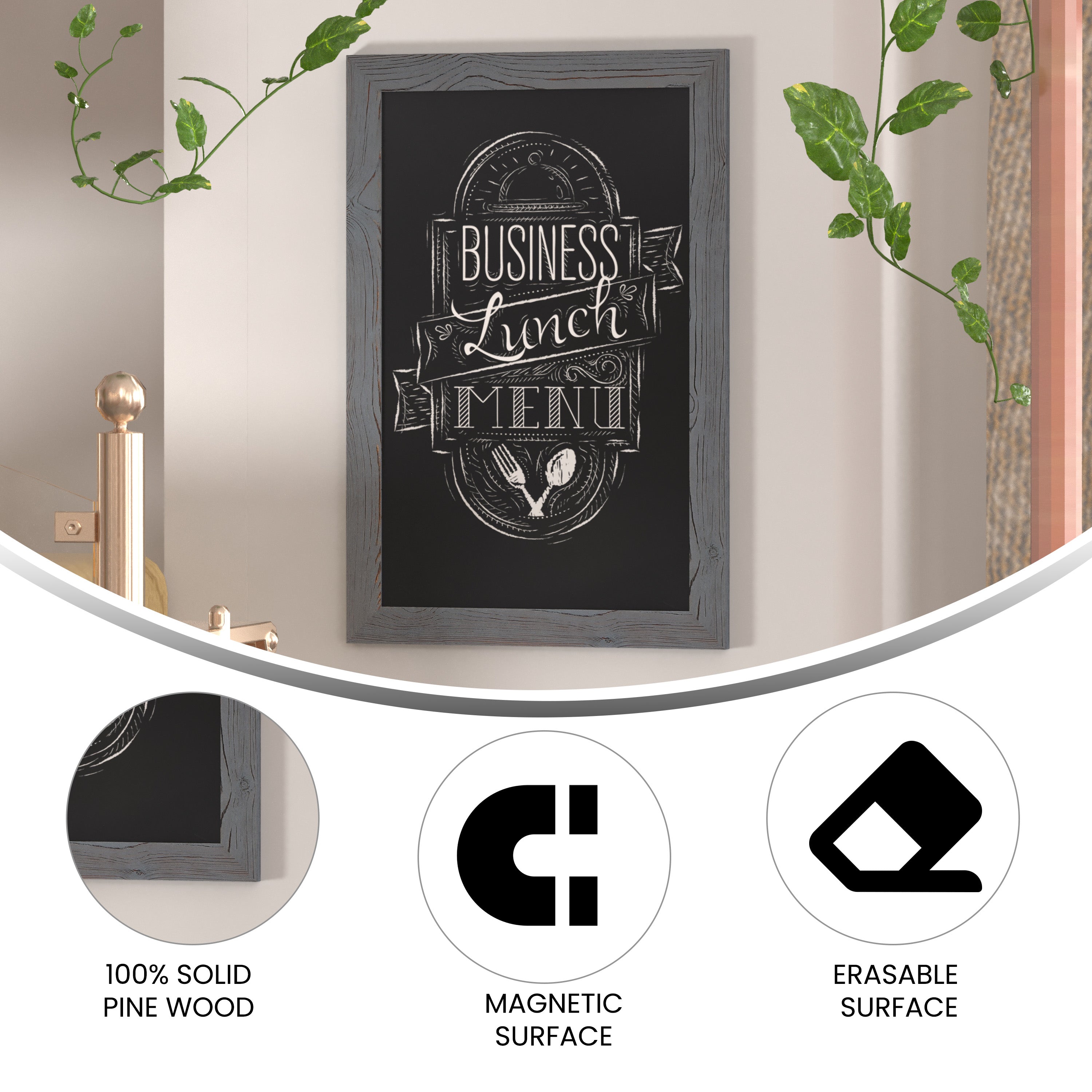 Canterbury 20" x 30" Rustic Gray Wall Mount Magnetic Chalkboard Sign with Eraser, Hanging Wall Chalkboard Memo Board for Home, School, or Business