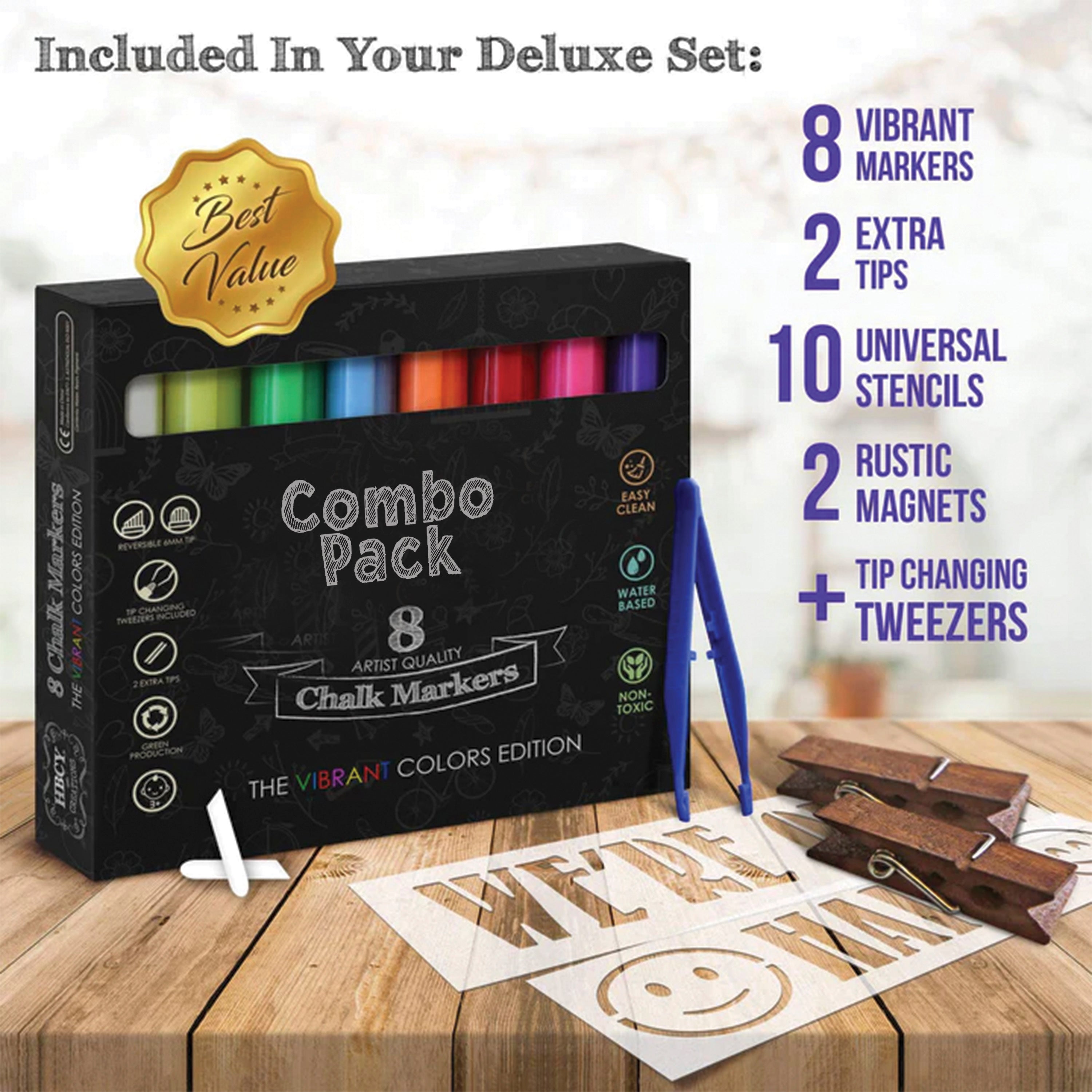Canterbury 40" x 20" Graywashed Wooden Indoor/Outdoor A-Frame Magnetic Chalkboard Sign Set with 8 Chalk Markers, 10 Stencils, 2 Magnets, and Eraser