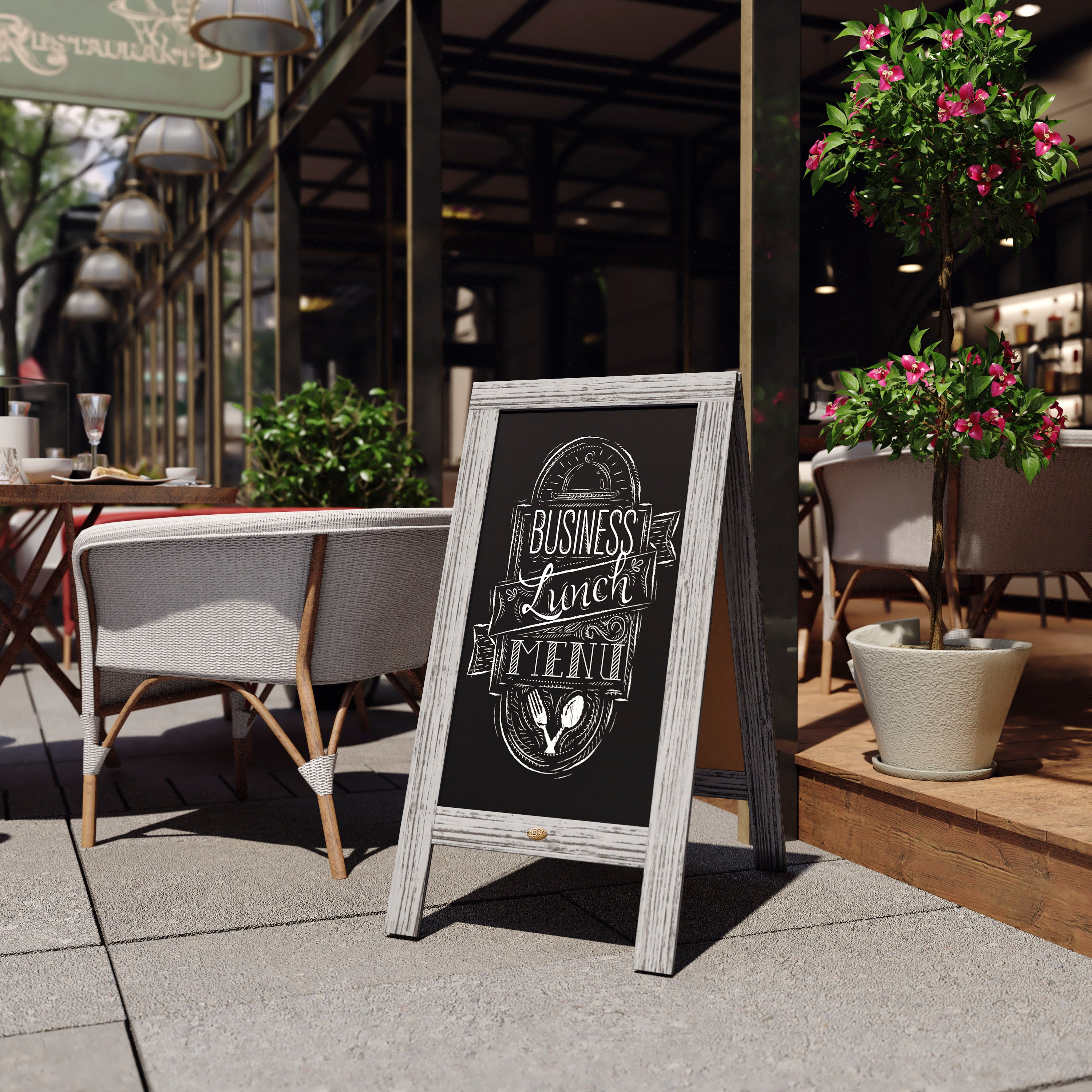 Canterbury 40" x 20" Graywashed Wooden Indoor/Outdoor A-Frame Magnetic Chalkboard Sign Set with 8 Chalk Markers, 10 Stencils, 2 Magnets, and Eraser