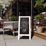 Canterbury 40" x 20" White Wooden Indoor/Outdoor A-Frame Magnetic Chalkboard Sign Set with 8 Chalk Markers, 10 Stencils, and 2 Magnets, and Eraser