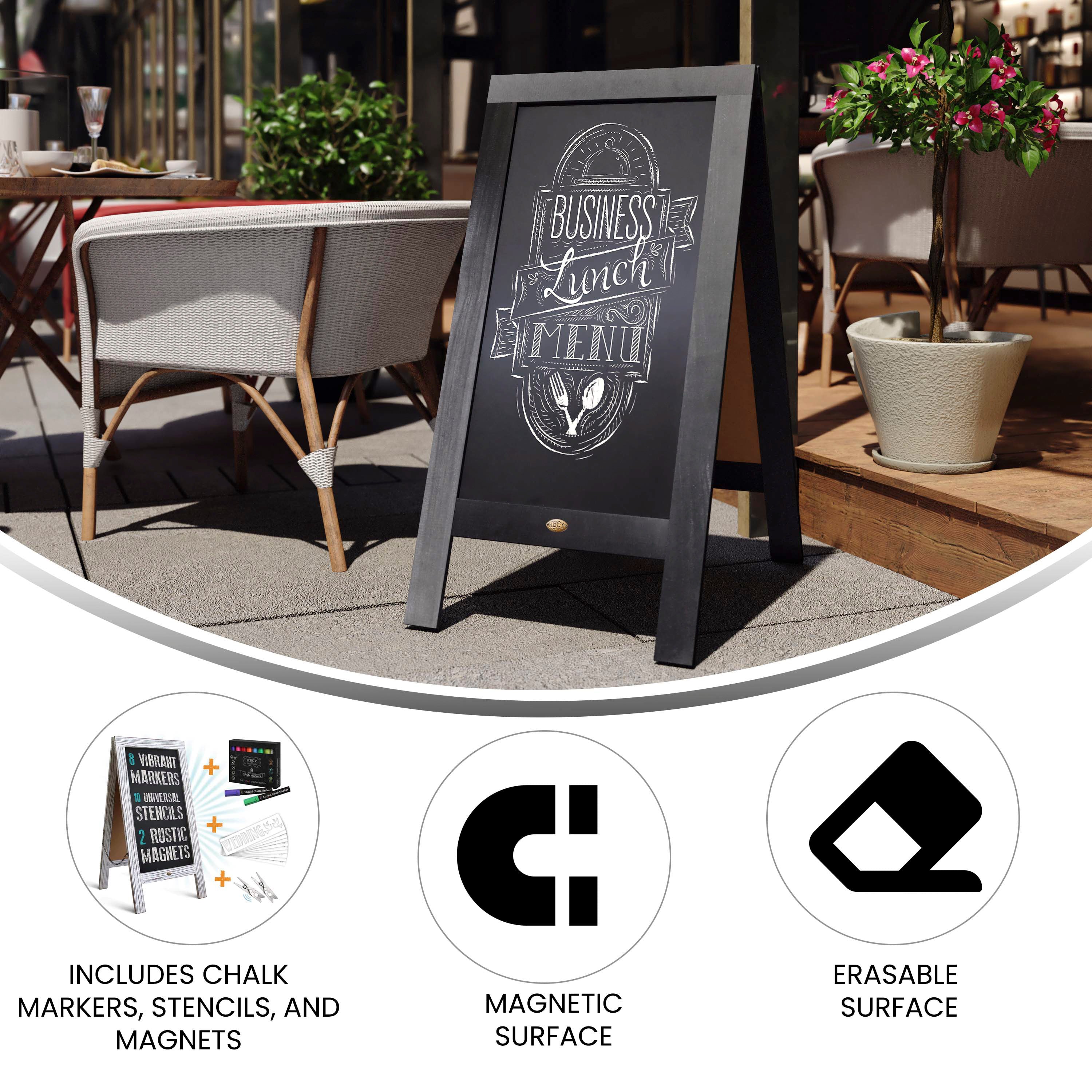 Canterbury 40" x 20" Black Wooden Indoor/Outdoor A-Frame Magnetic Chalkboard Sign Set with 8 Chalk Markers, 10 Stencils, and 2 Magnets, and Eraser