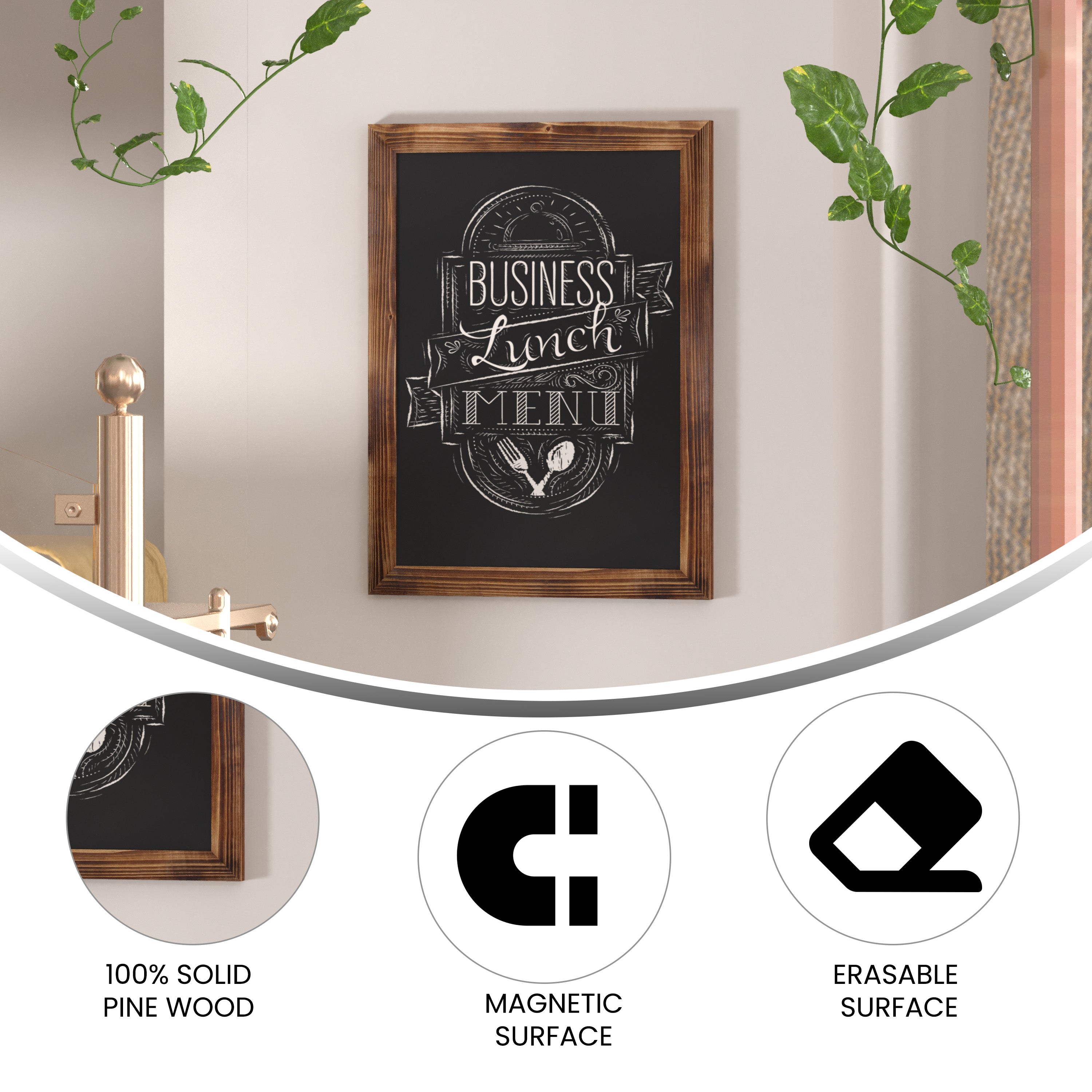 Canterbury 18" x 24" Torched Wood Wall Mount Magnetic Chalkboard Sign with Eraser, Hanging Wall Chalkboard Memo Board for Home, School, or Business