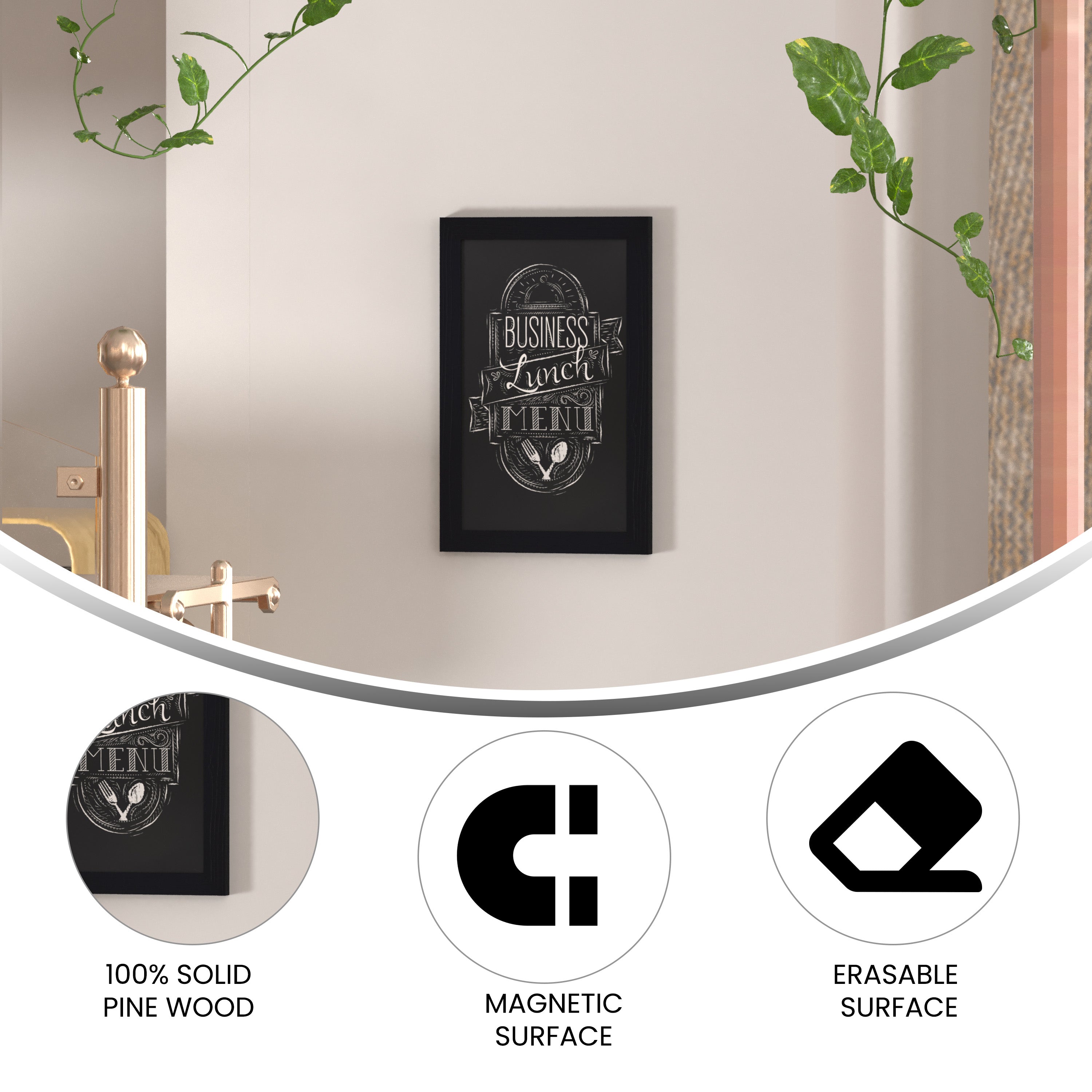 Canterbury 11" x 17" Black Wall Mount Magnetic Chalkboard Sign with Eraser, Hanging Wall Chalkboard Memo Board for Home, School, or Business